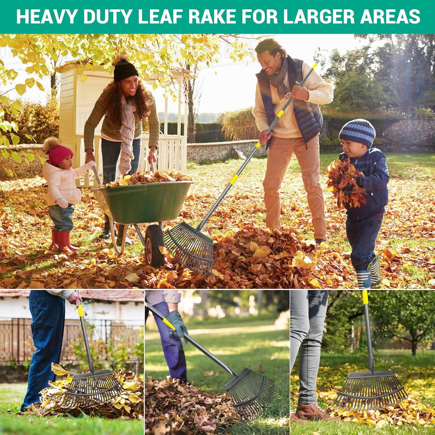 Adjustable Garden Rake for Leaves 36-73" Long Handle, 18" Wide, Heavy Duty with 25 Metal Tines ，Includes 32Gallon Leaf