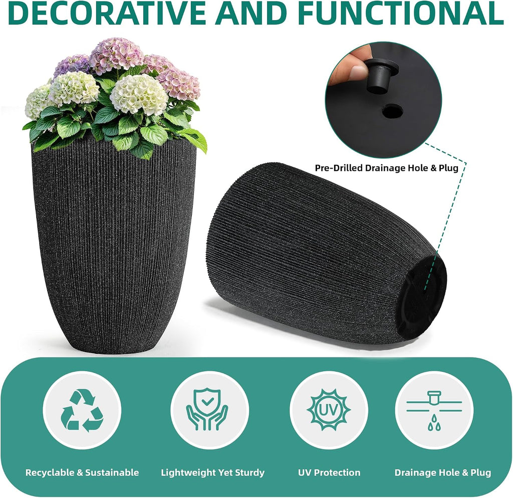 2-Pack 19" Black Resin Tall Round Planters with Fluted Texture | Set of 2 resin tall planters with black fluted