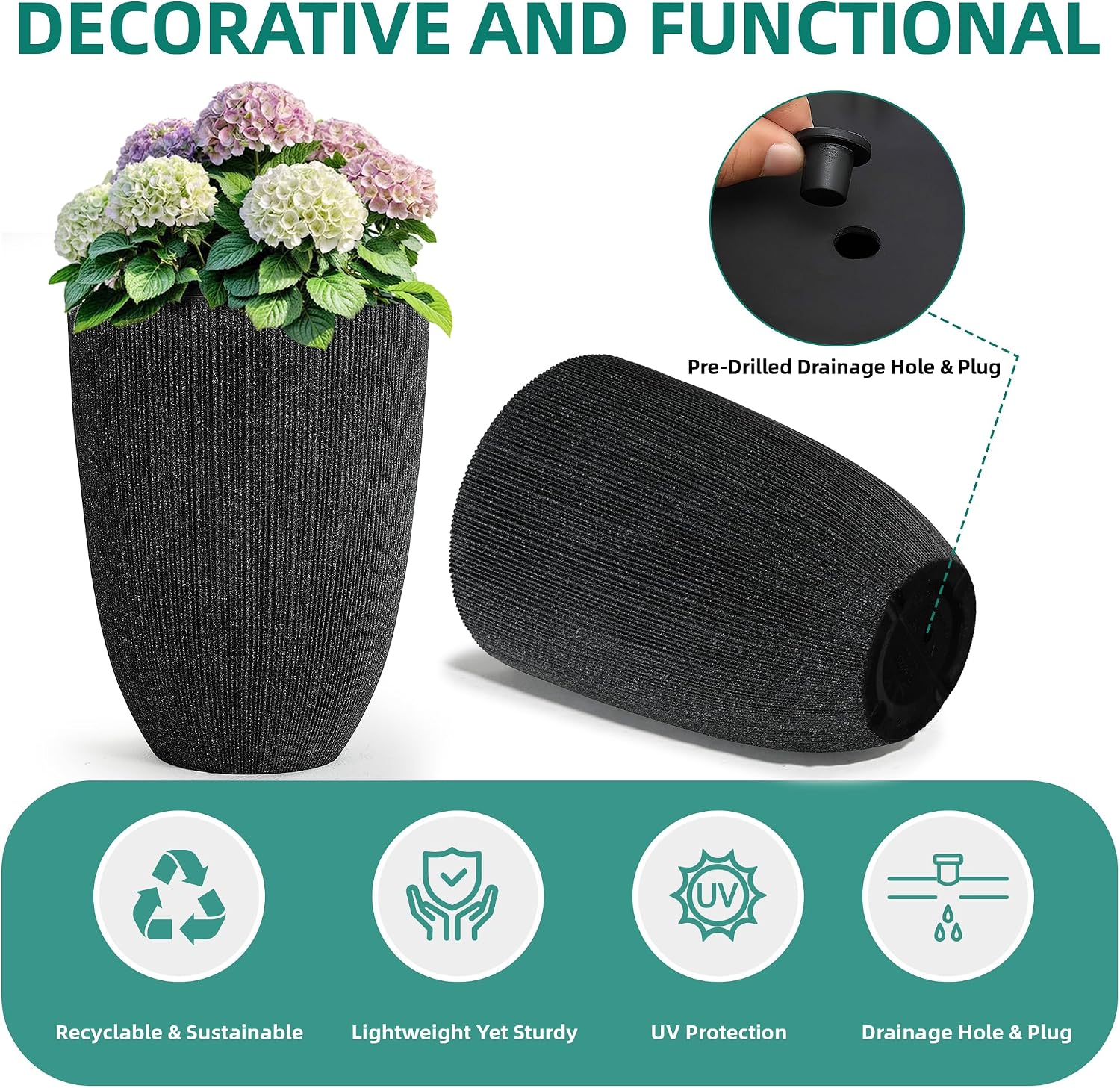 2-Pack 19" Black Resin Tall Round Planters with Fluted Texture | Set of 2 resin tall planters with black fluted