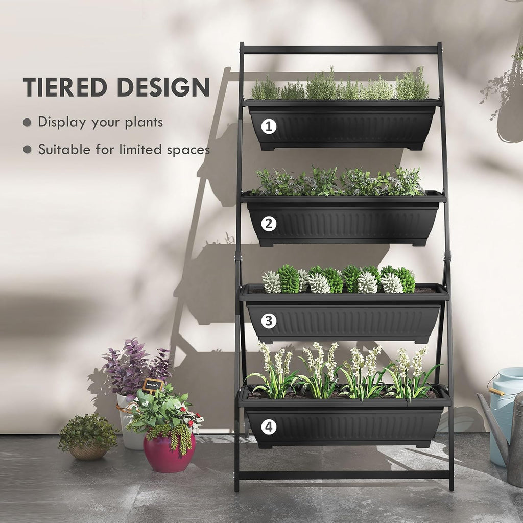 Outsunny Raised Garden Bed 4 Tier Vertical Planter Set with Stand, Black | 4 Outdoor Planter Boxes, Self Draining