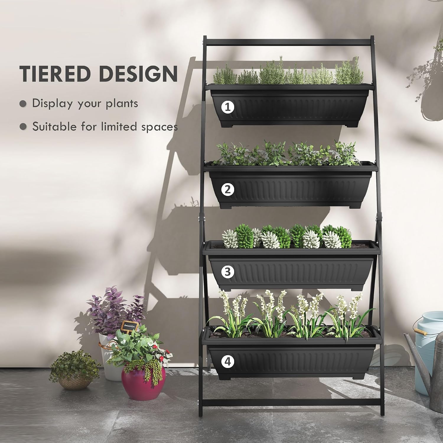 Outsunny Raised Garden Bed 4 Tier Vertical Planter Set with Stand, Black | 4 Outdoor Planter Boxes, Self Draining