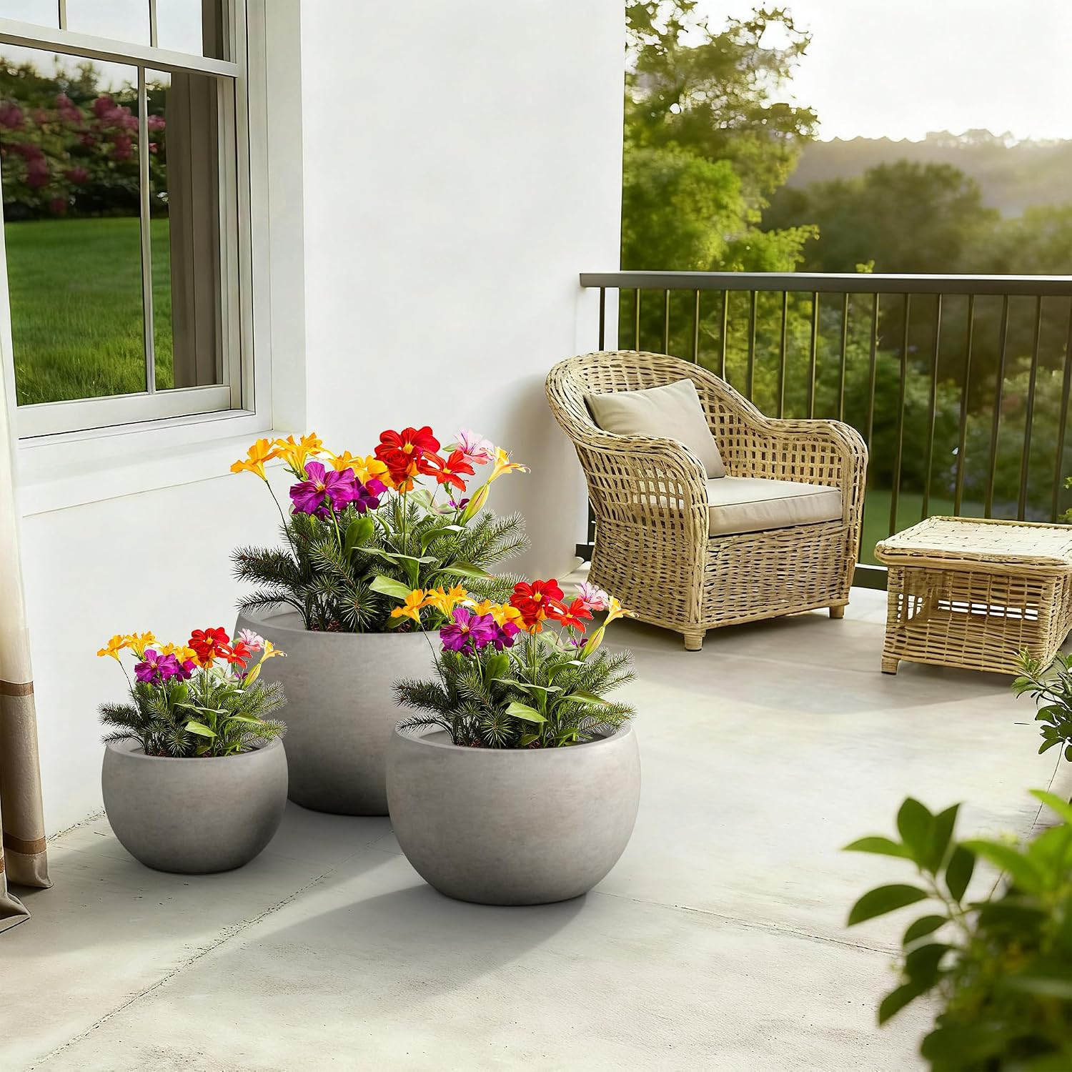 Kante Set of 3 Weathered Concrete Bowl Planters 20" 15.7" 11.8" Dia | Drainage for Outdoor, Rubber Plug for Indoor