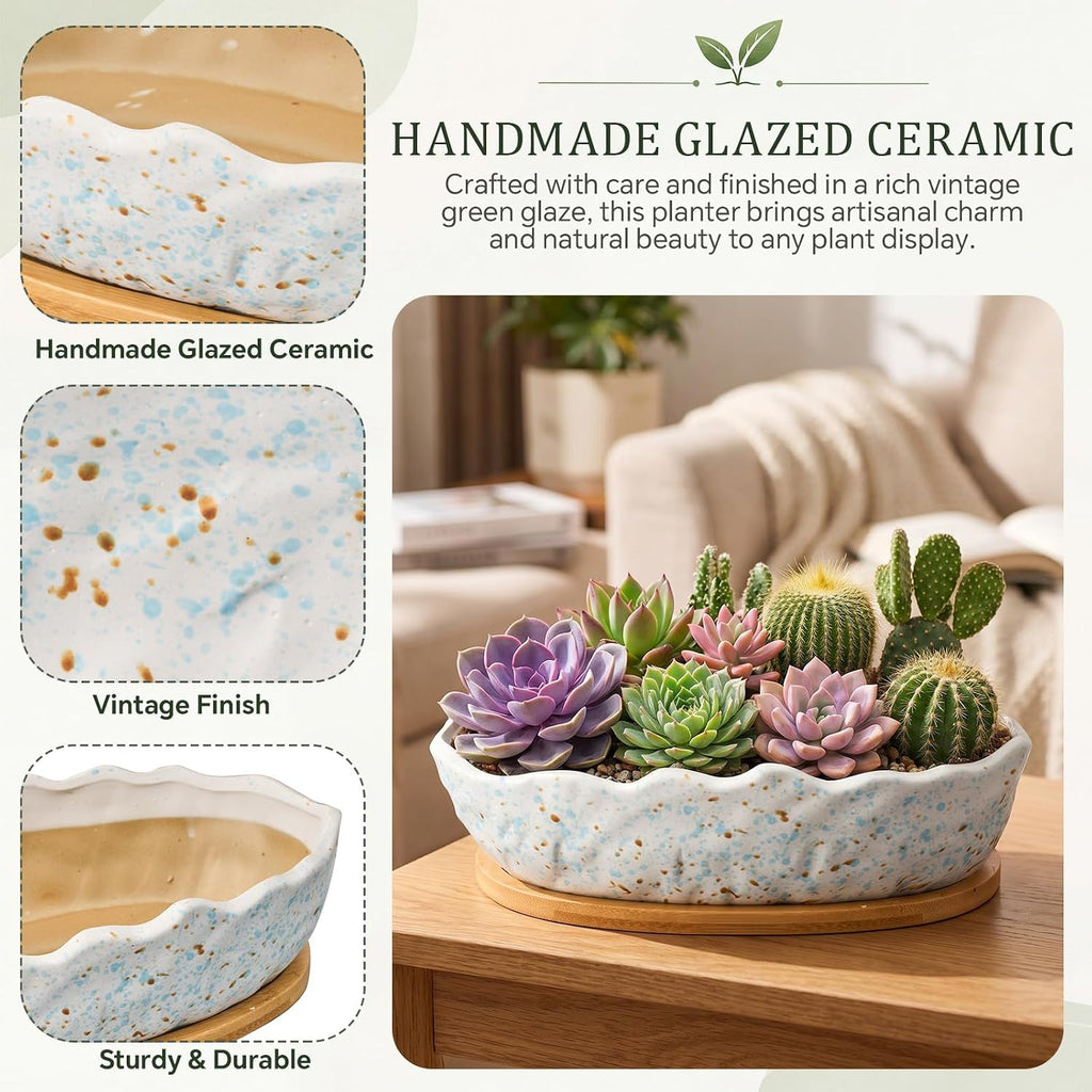Succulent Planter Pot with Drainage Holes Large Ceramic Glazed Planter with Bamboo Wooden Tray and mesh Pads Shallow