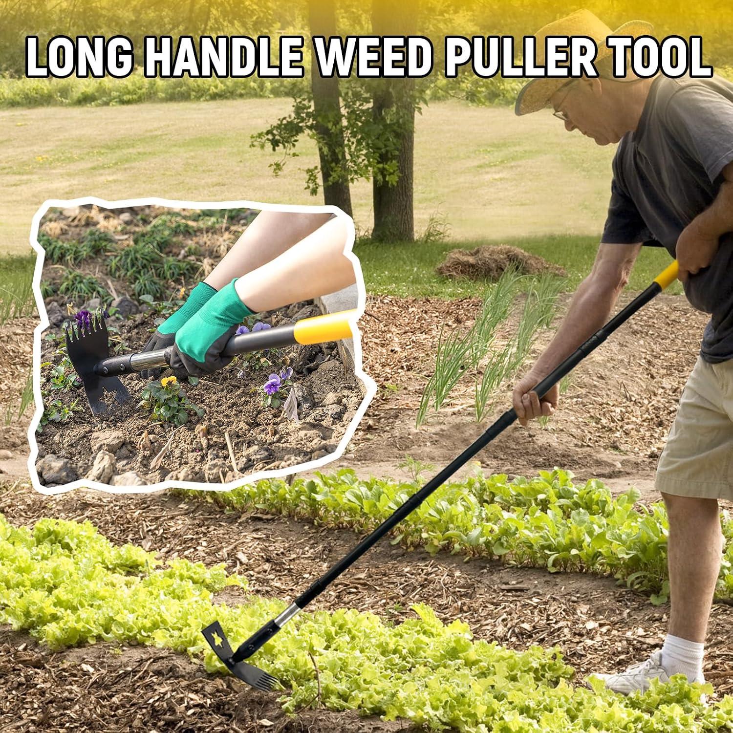 2-in-1 Weed Rake and Garden Hoe, 68" Weed Puller Tool with Long Handle, Manual Weeds Remover, Heavy Duty Stand Up