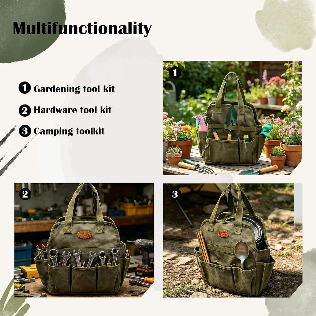 Waxed Canvas Utility Tote Bag, Large Capacity Multi-Pocket Garden Tool Bag, Heavy Duty Waterproof Work Tote for