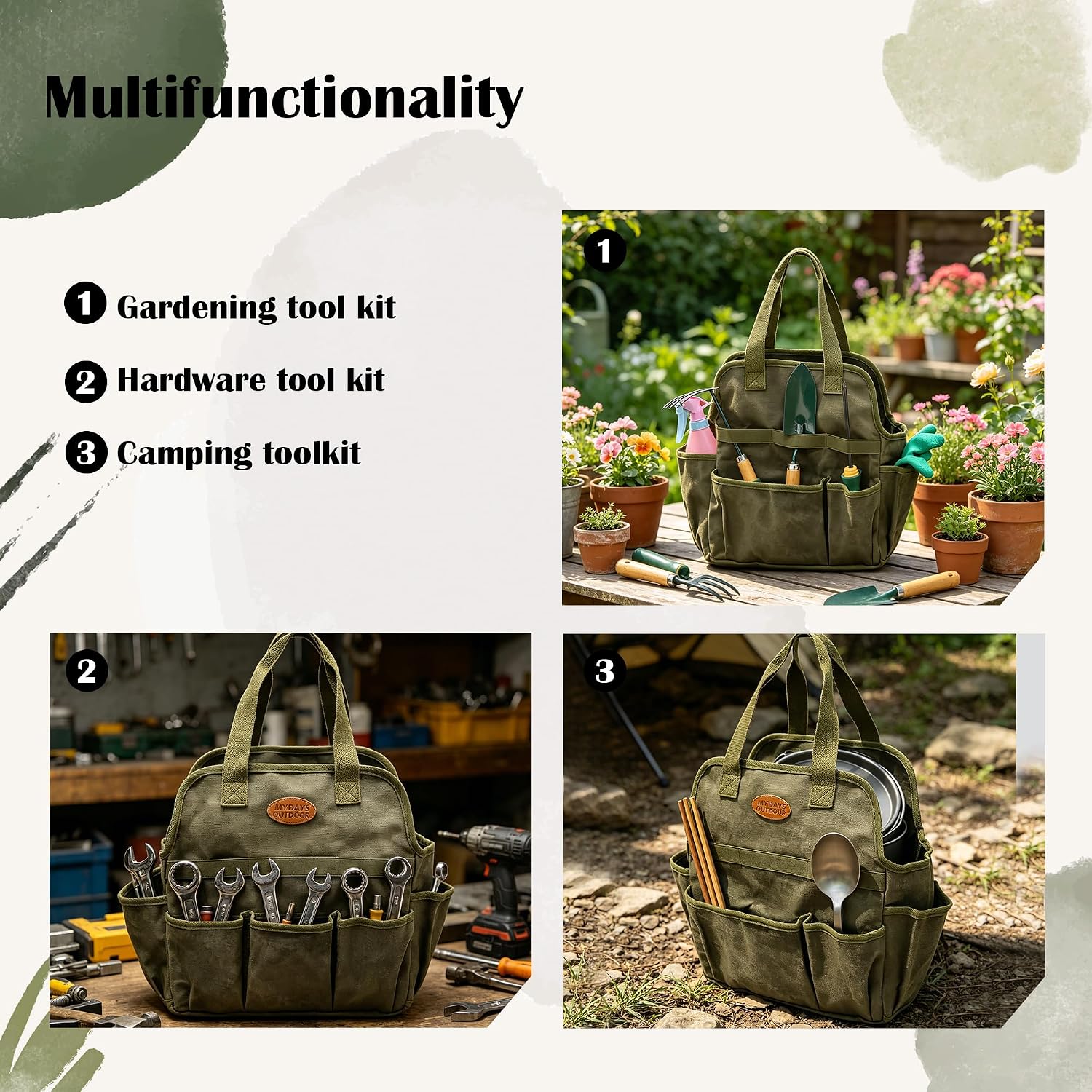 Waxed Canvas Utility Tote Bag, Large Capacity Multi-Pocket Garden Tool Bag, Heavy Duty Waterproof Work Tote for