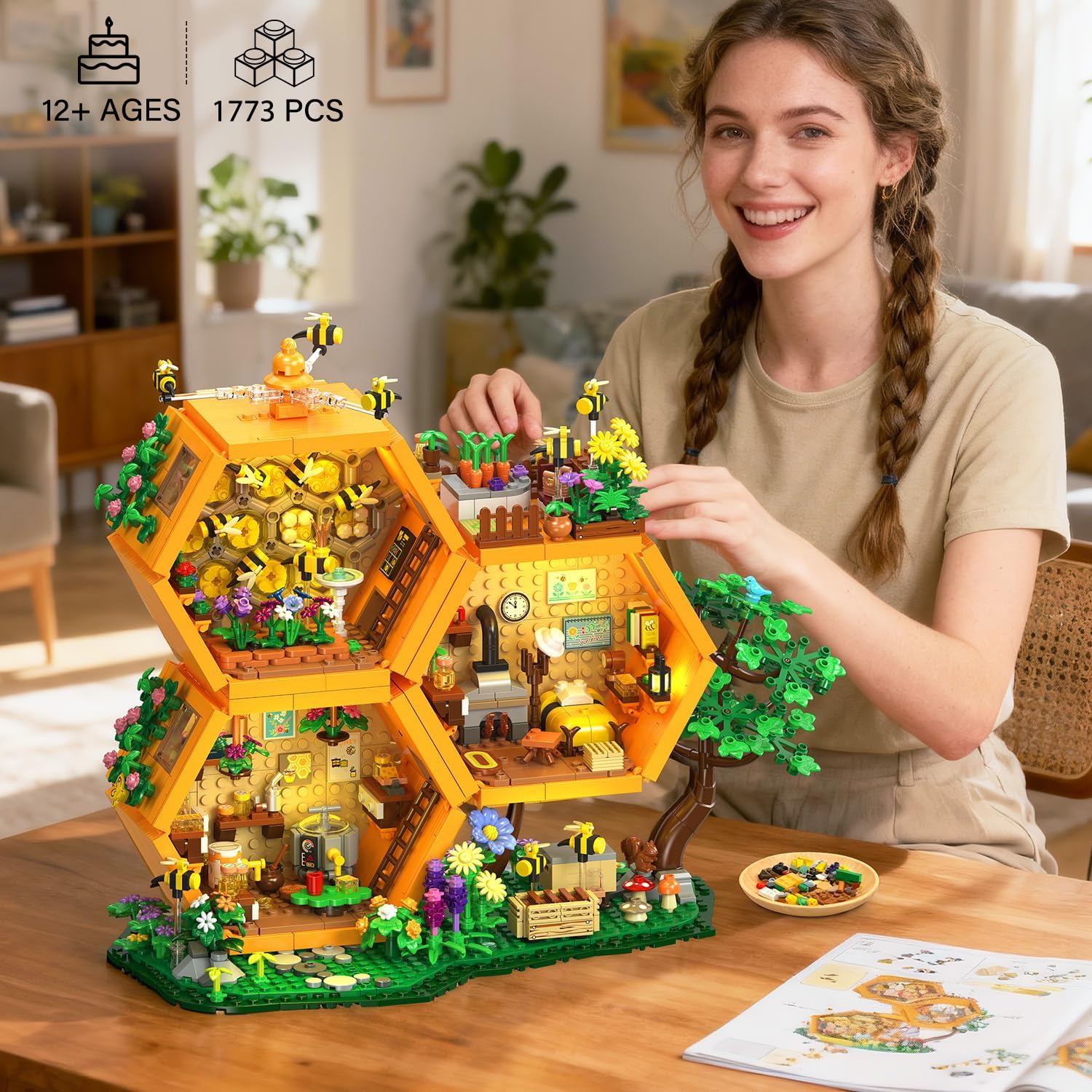 INSOON Bee House Building Set with Lights for Adults, Farm Treehouse Kit | Honey Bee Garden Display Model with