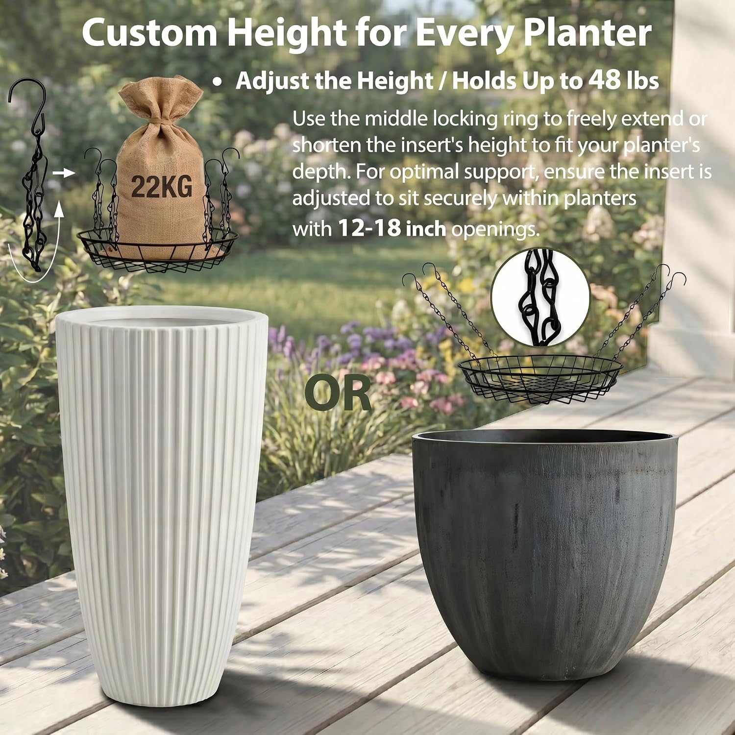 2 Pack Adjustable Planter Inserts with Chains and S Hooks for 12-18" Pots. | 48lbs max load, rustproof metal, 4-point