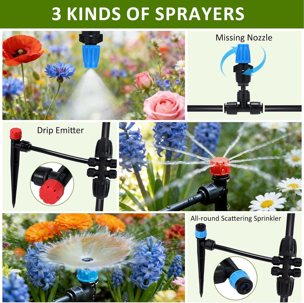 300FT Drip Irrigation System Kit, Automatic Garden Watering Misting System with 70FT1/2 inch Hose 230FT 1/4 inch