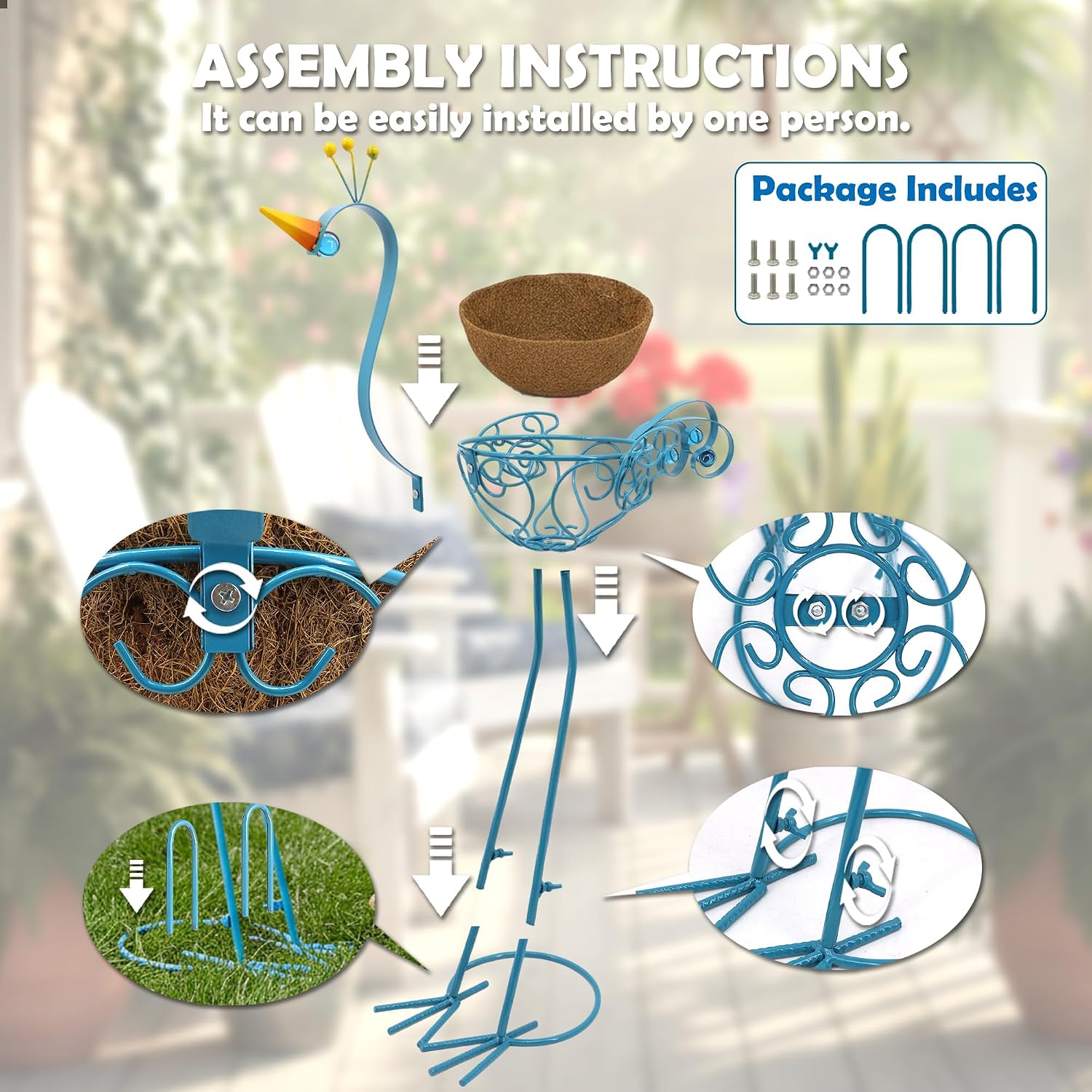 Peacock Metal Plant Stand 2 Sets Flower Pots Holders, Planters for Outdoor | J-Fly; Plants with Coconut Pots, Front
