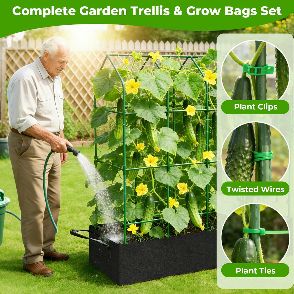 Large Cucumber Trellis for Climbing Plants Outdoor with Grow Bag,67" Tall Metal U-Frame Plant Trellis for Cucumber with