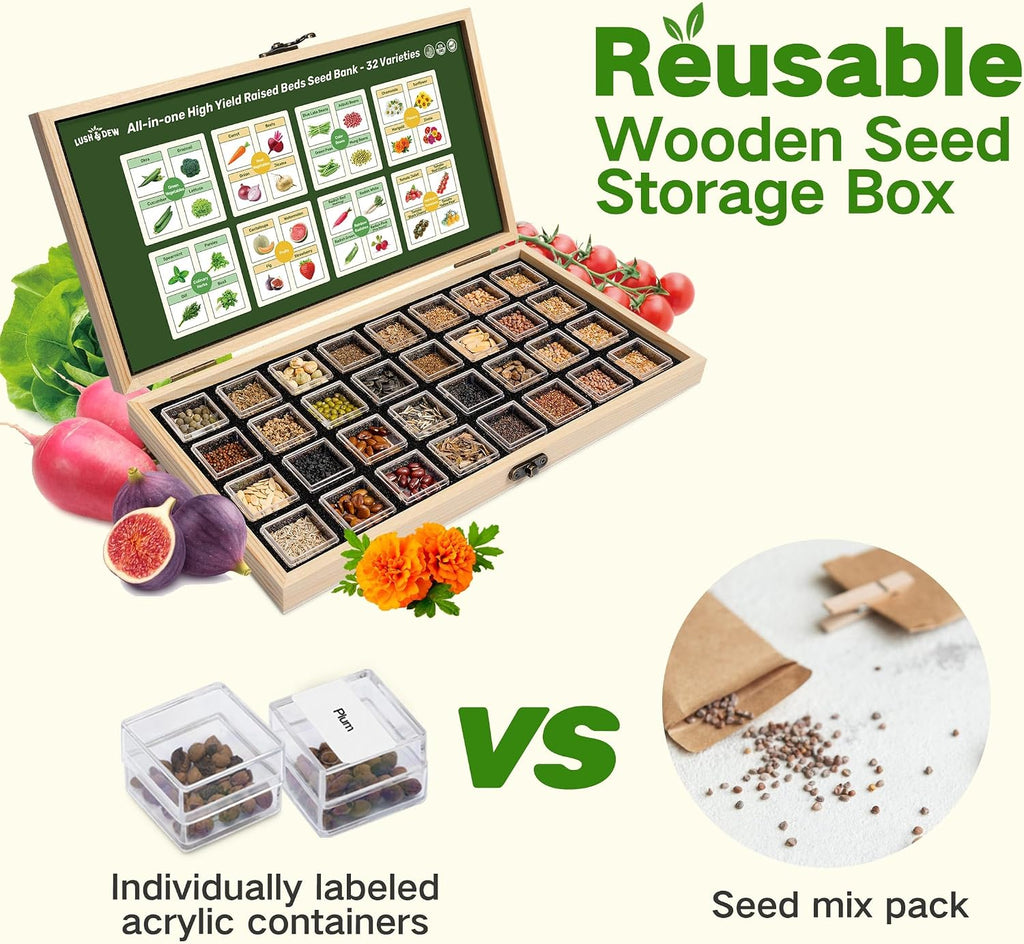 Lush&Dew Raised Garden Bed Heirloom Seed Bank, 32 Type 30000+ Non-GMO Seeds | USA-Sourced Seeds for Planting Vegetables