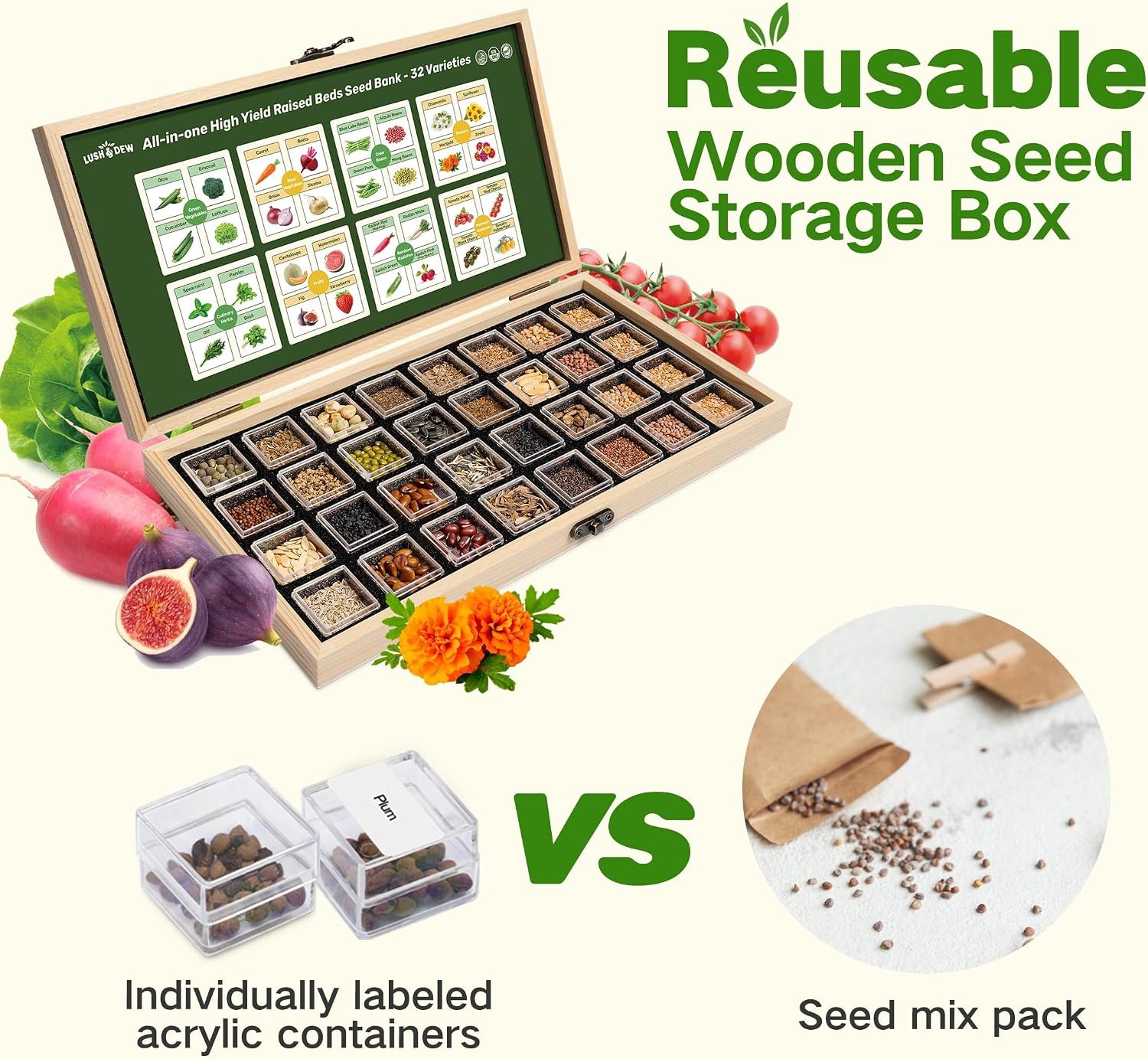 Lush&Dew Raised Garden Bed Heirloom Seed Bank, 32 Type 30000+ Non-GMO Seeds | USA-Sourced Seeds for Planting Vegetables
