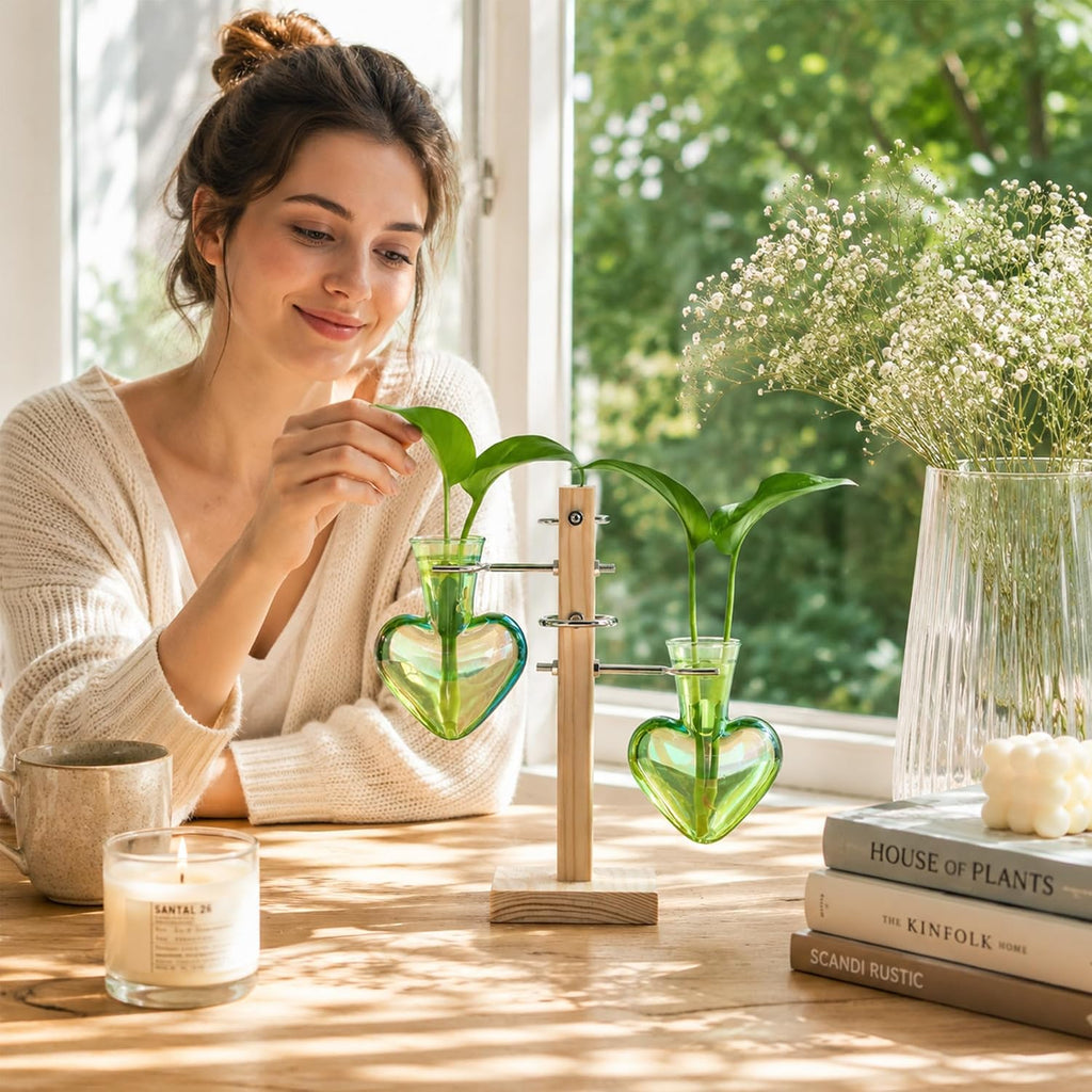 Plant Terrarium Propagation Stations: Green Vase with Wooden Stand | 4 Irised Crystal Glass, Heart Shaped, Home Table