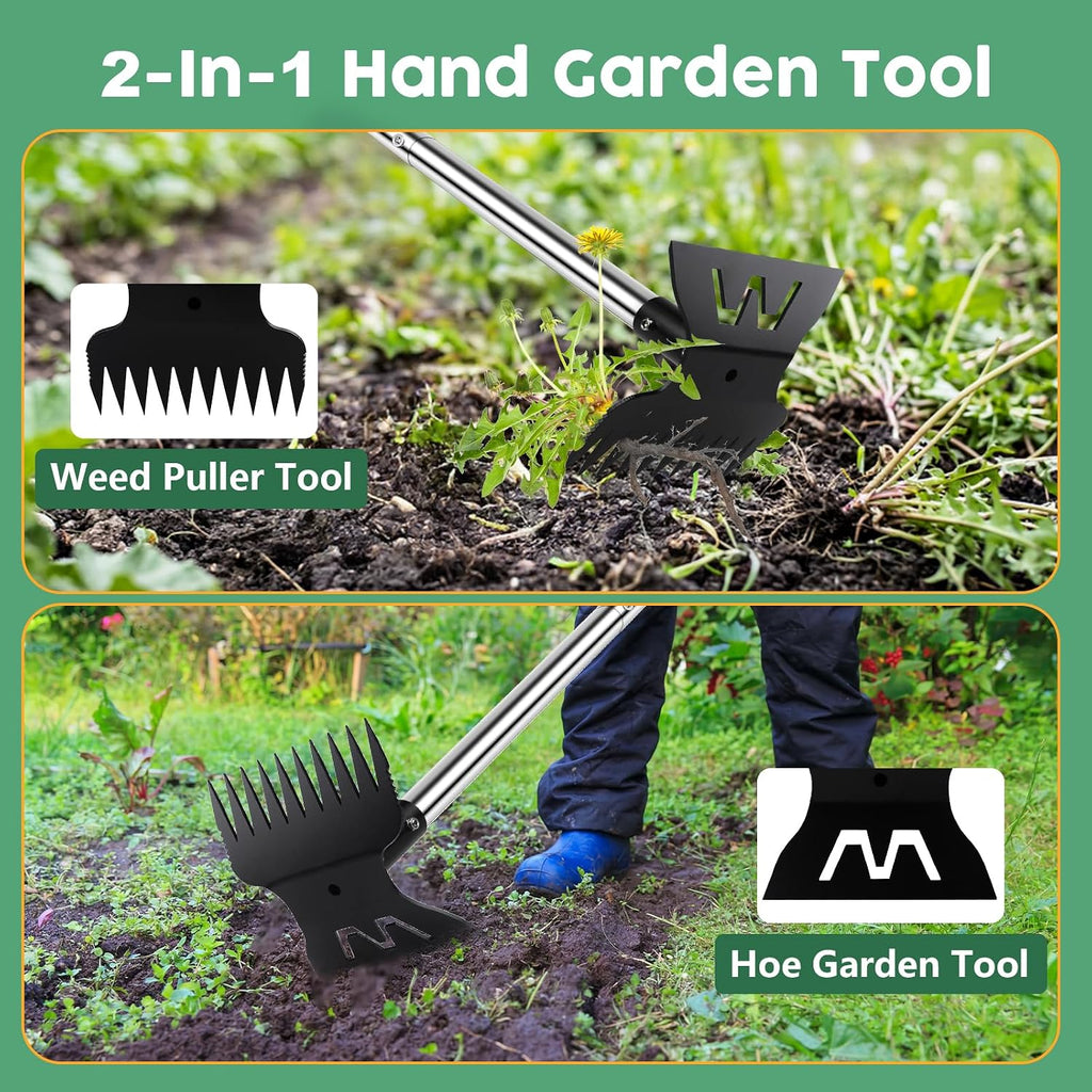 Larger Weed Puller Tool with Long Handle, 2-in-1 Heavy Duty Weed Rake & Hoe | 10 Teeth Weeding Rake, 57" Long Handle