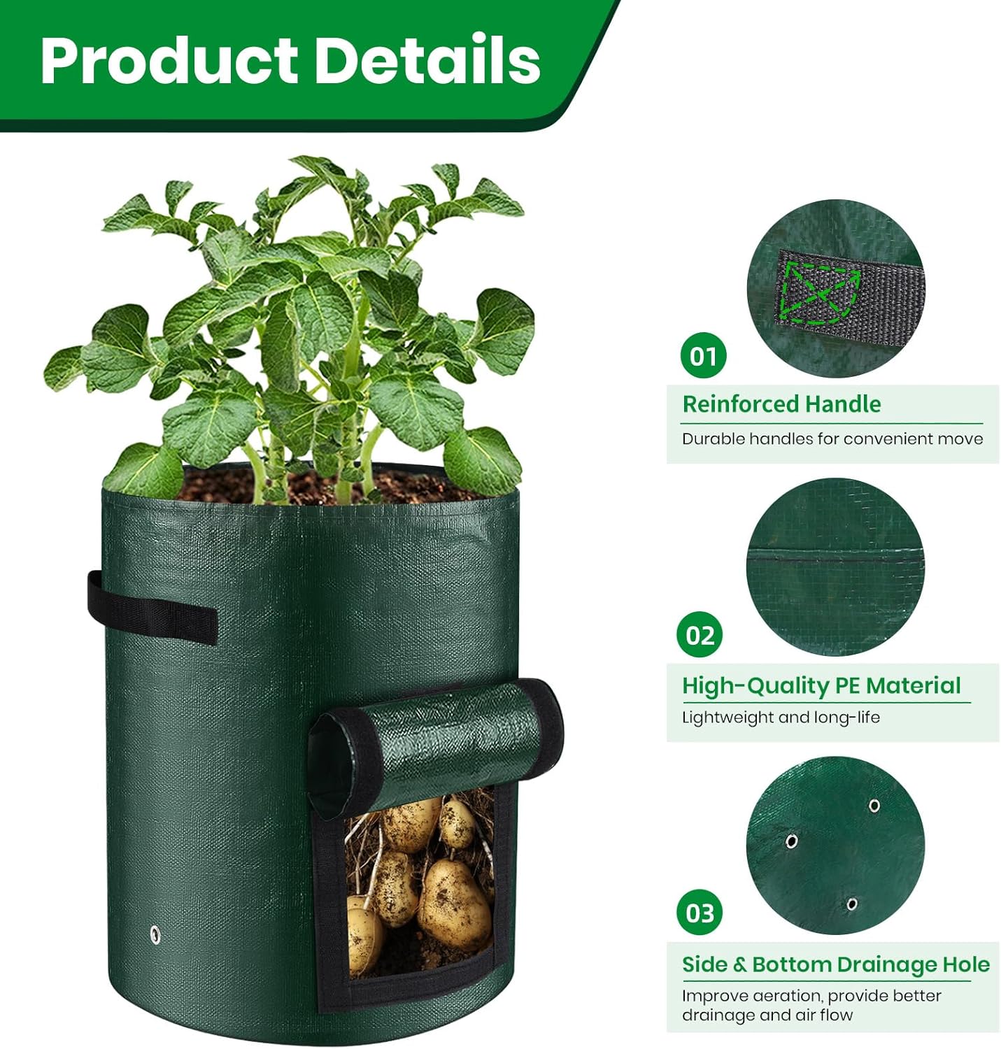 10 Gallon 8-Pack Grow Bags, Durable PE Fabric Pots with Flap and Handles, Green Planter Bags for Potato Vegetables