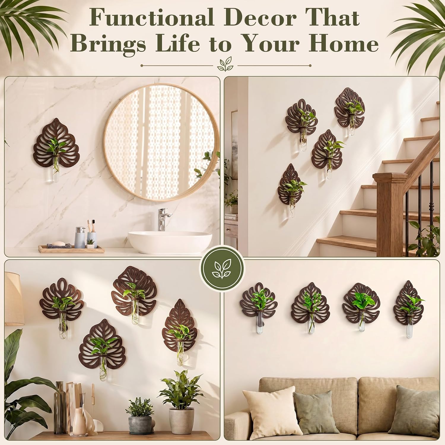 4 Sets Wooden Monstera Leaf Wall Mount, Leaf Shaped Hanging Wall Planter Terrarium Propagation Stations for Plants with