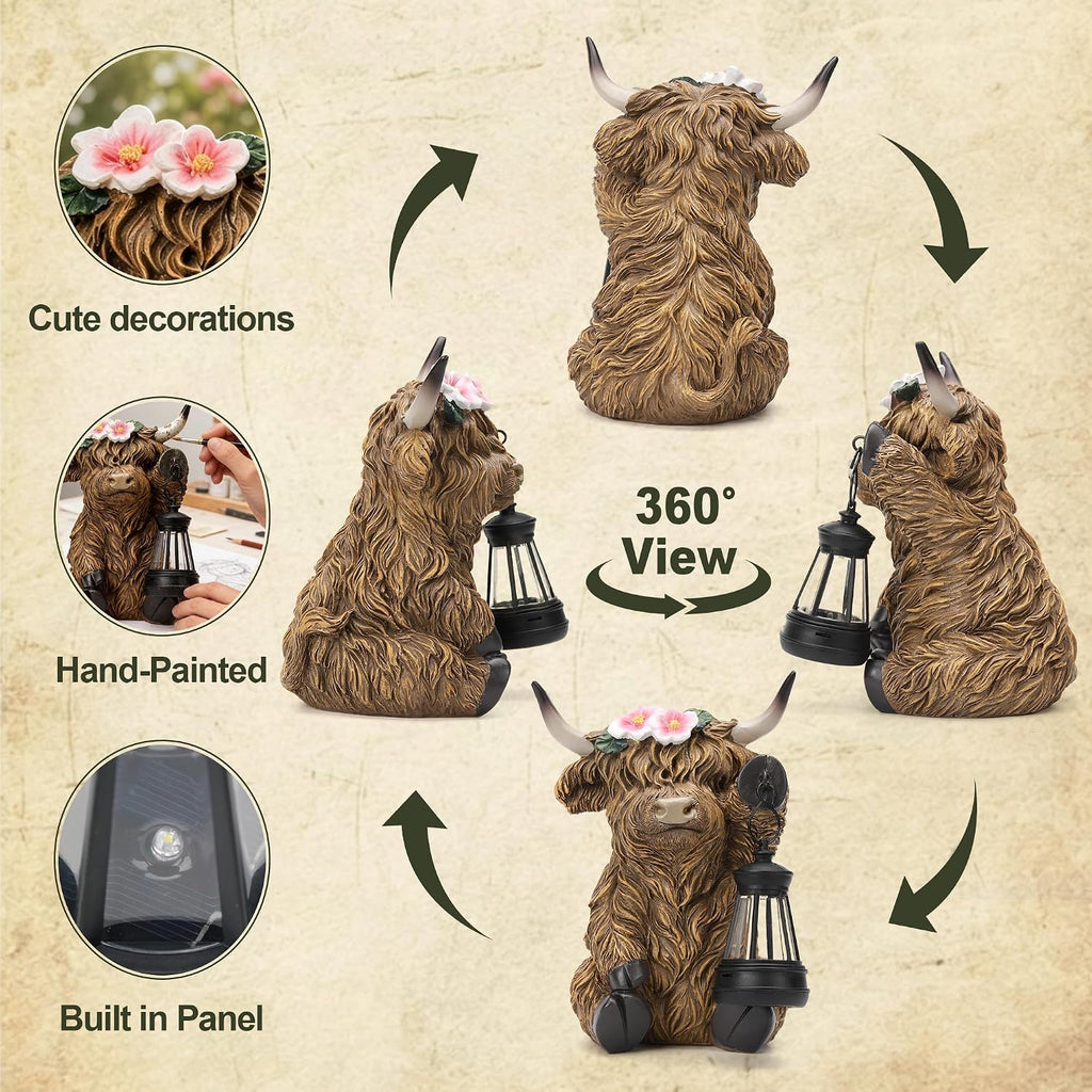 Solar Highland Cow Outdoor Garden Statue, Waterproof Resin Highland Cow Figurines with Lantern, Yard Animal Decorations