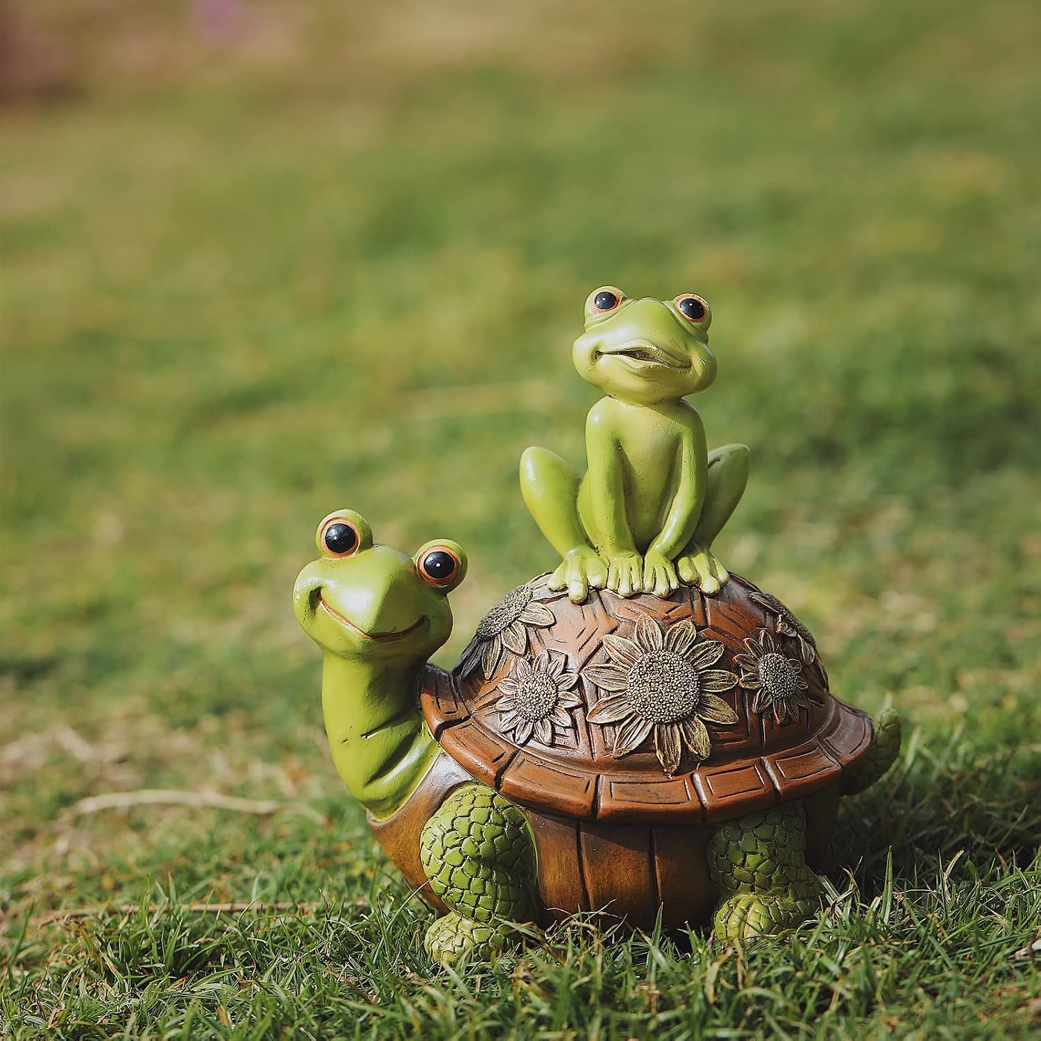 Resin Frog and Tortoise Garden Statue, Green Frog Tortoise Figure for Outdoor Decor Yard and Garden Decoration Resin