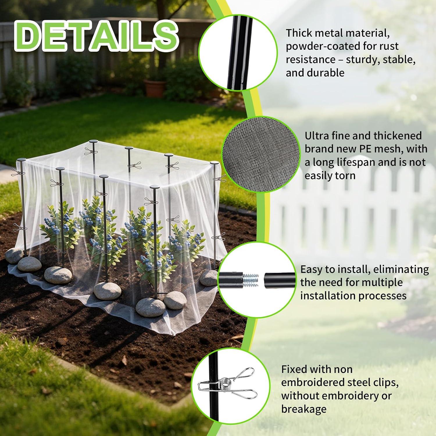 8 Pack 2.7ft Metal Garden Netting Covers Kit for Raised Beds | Includes Sturdy Outdoor Garden Stake Netting Support