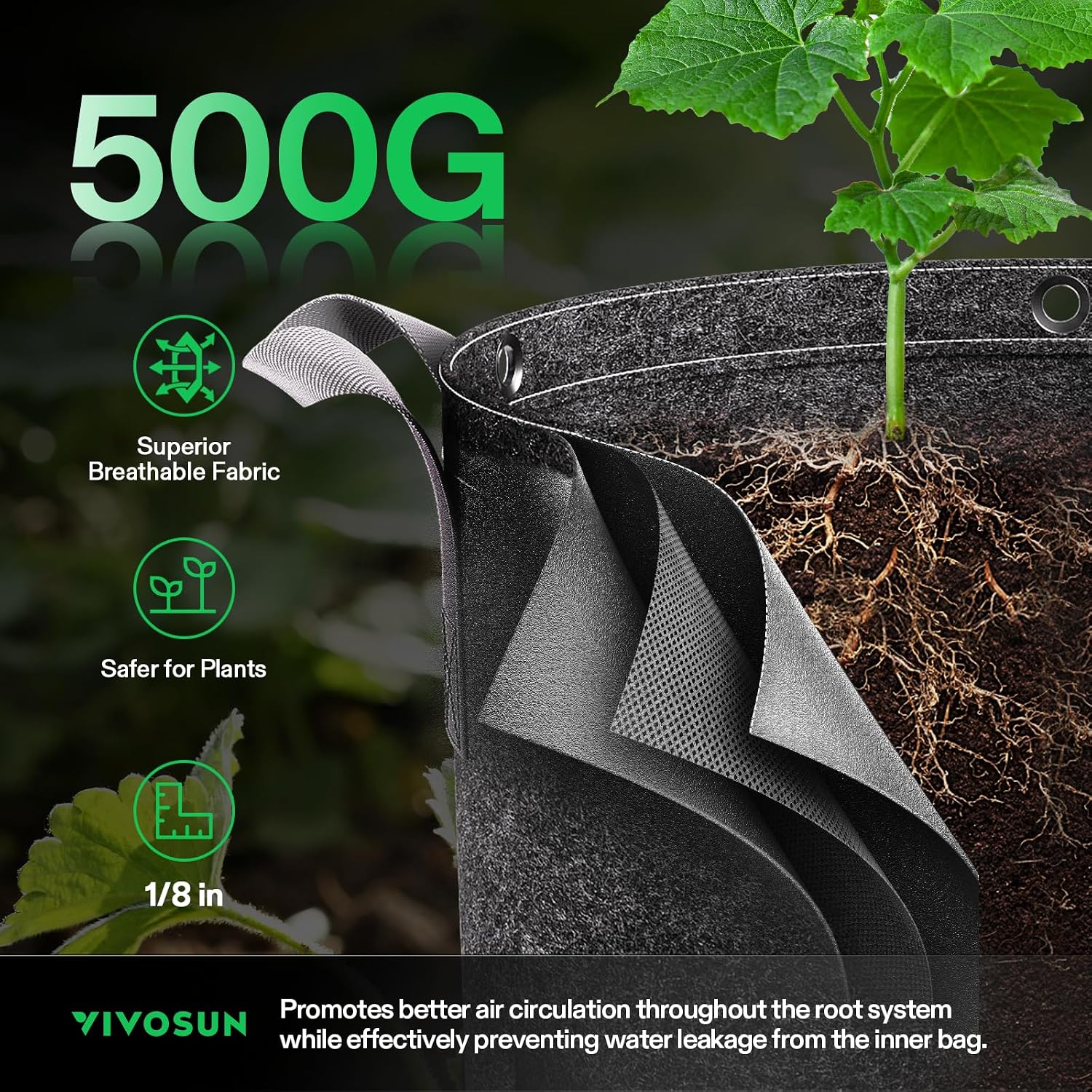 VIVOSUN 10-Pack 7 Gallon Grow Bags, 500G Thick Nonwoven Fabric Pots with Strap Handles, Multi-Purpose Rings, for Low