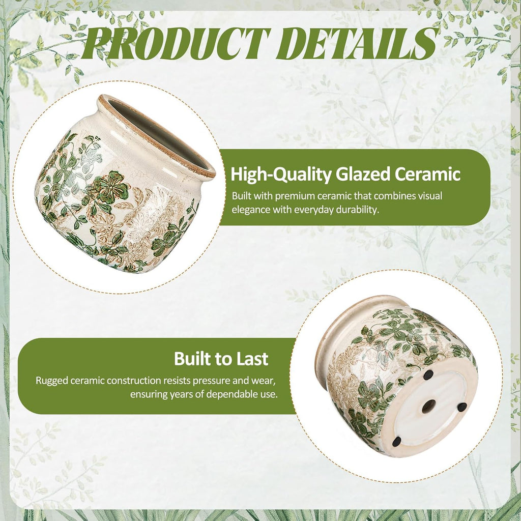 Vintage Planter Large Ceramic Plants Pot Beige Green Leaves Pot