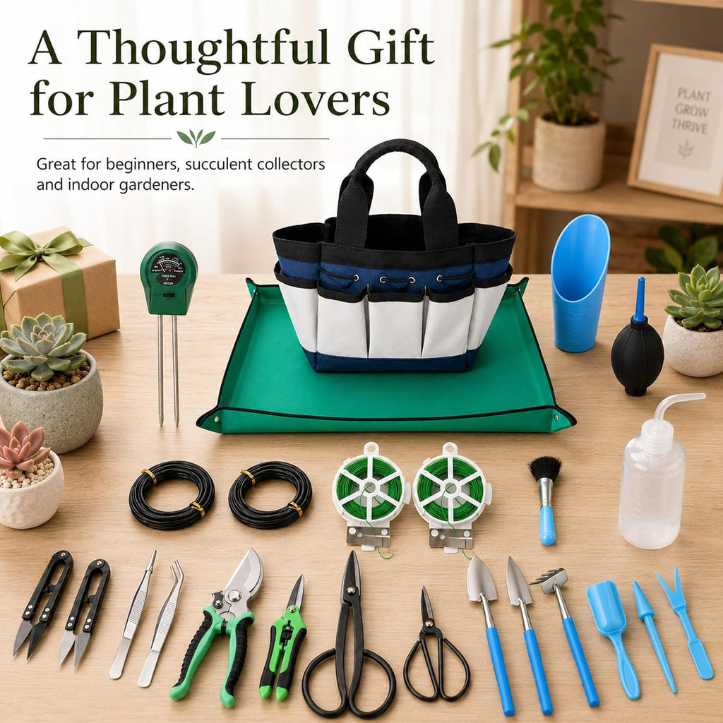 25 Pcs Succulent & Bonsai Tools Set for Beginners, Indoor Plant Care Tool Set with Repotting Mat, Organizer Tote, Soil