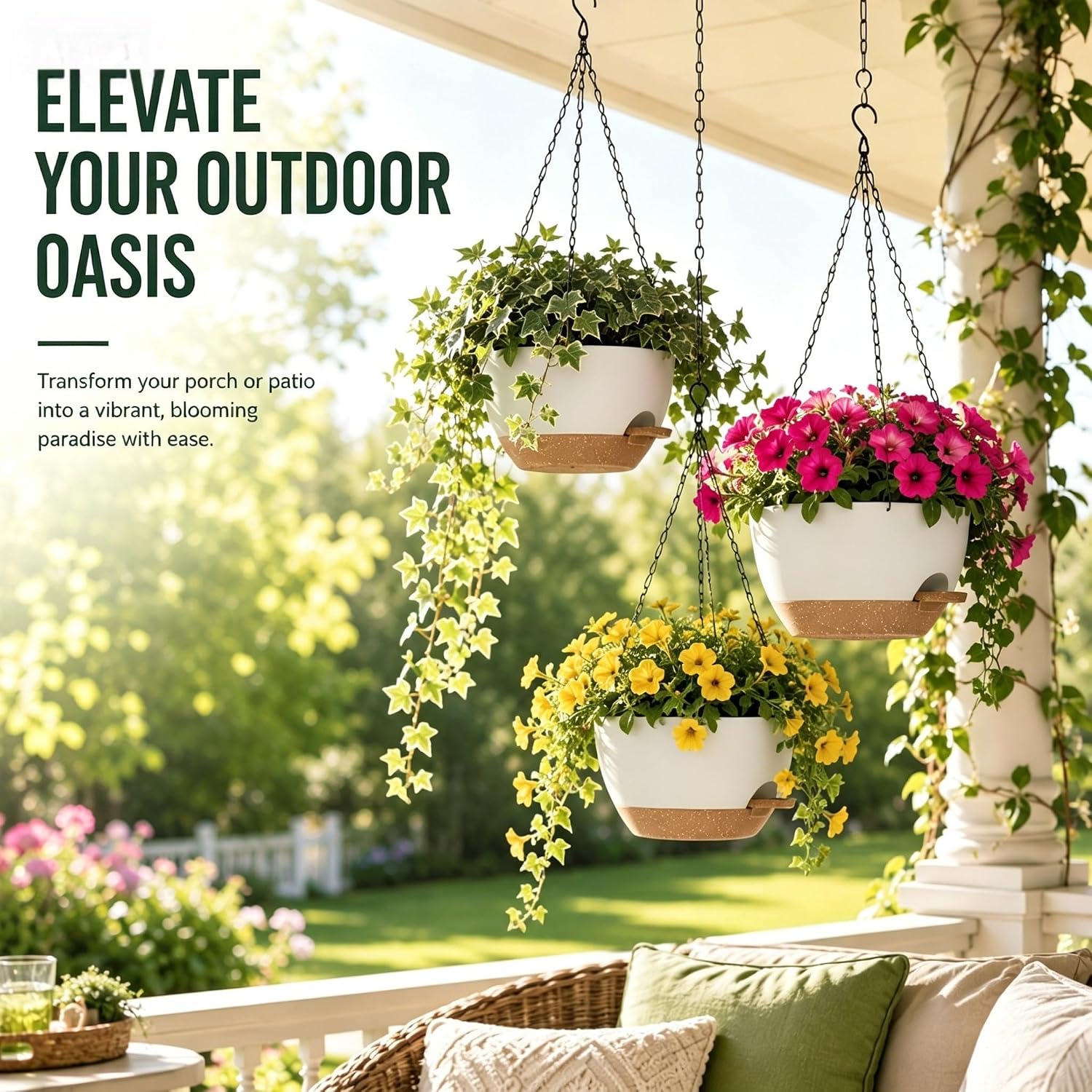 12 Inch Self Watering Hanging Planters 2 Pack, White Brown | Plastic planters with drainage holes and saucers. Suitable