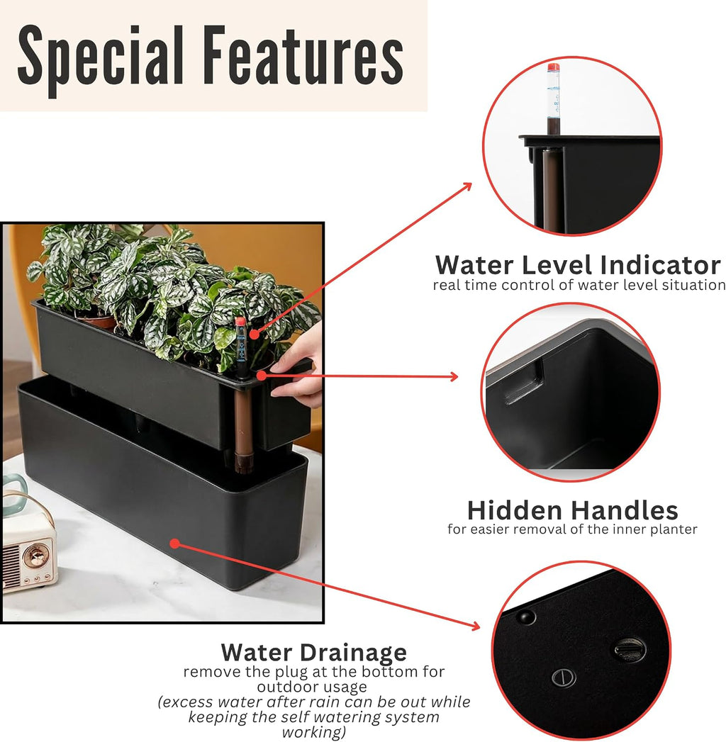LaLaGreen Railing Planter Boxes (16 Inch, 2 Pack) Black Rectangular Plastic Window Box Planters with Self-Watering