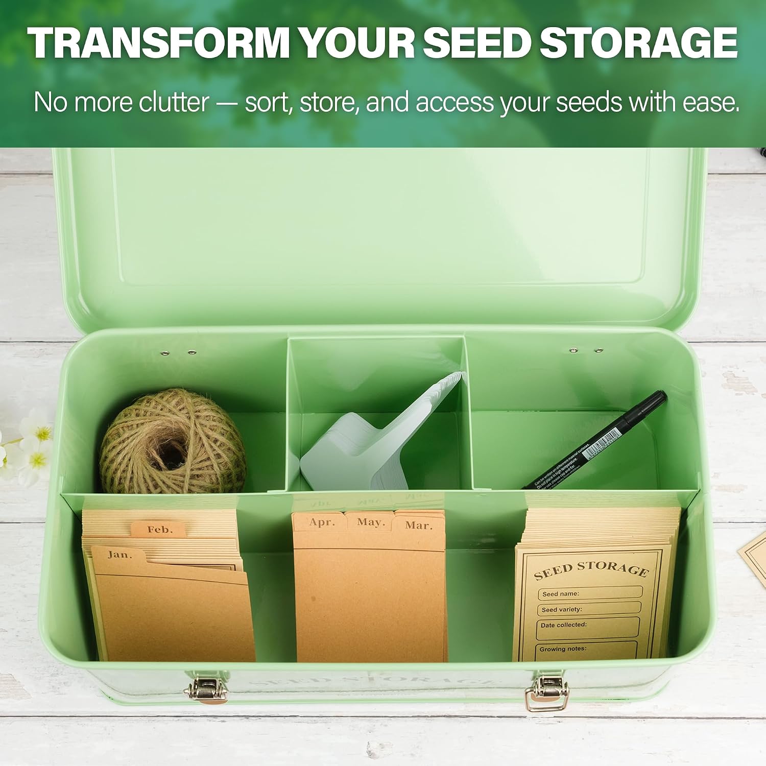 Seed Storage Box Organizer – Green Garden Seeds Tin with Lid, Side Handles, 4 Compartments & Safety Lock – Seed Packet