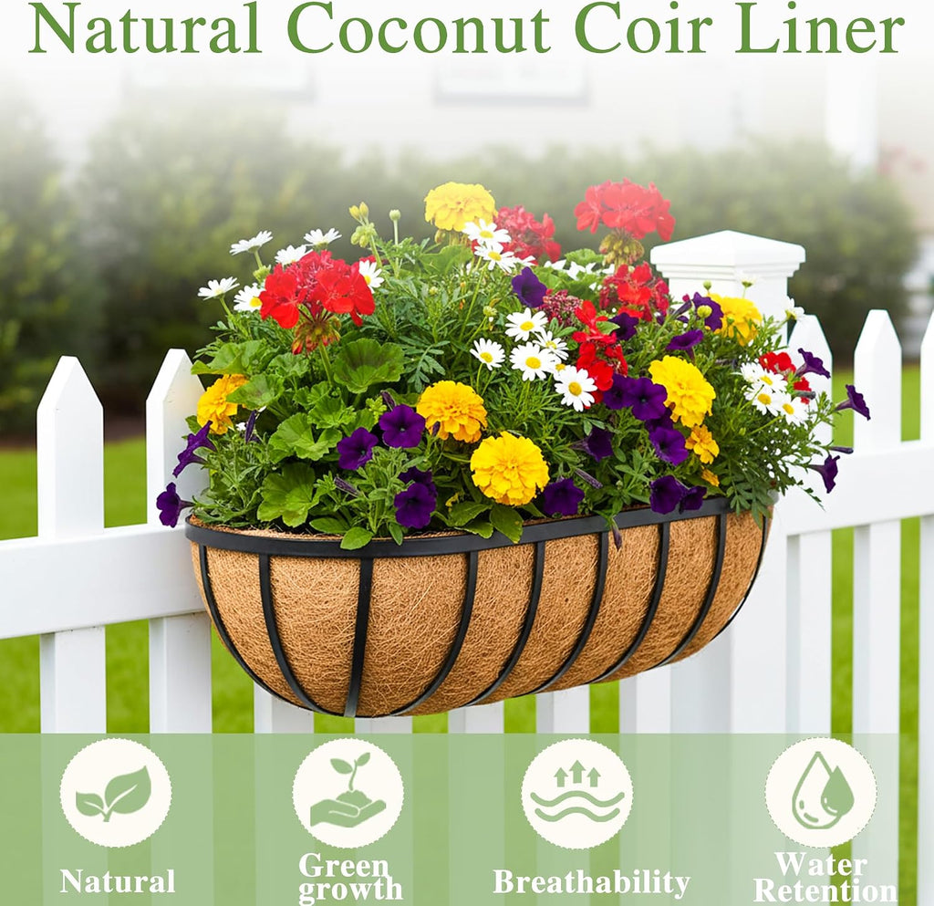 36 Inch Railing Planter Window Box Deck Balcony Rail Planter with Coco Liner Metal Wall-Mounted Coconut Liner Planters