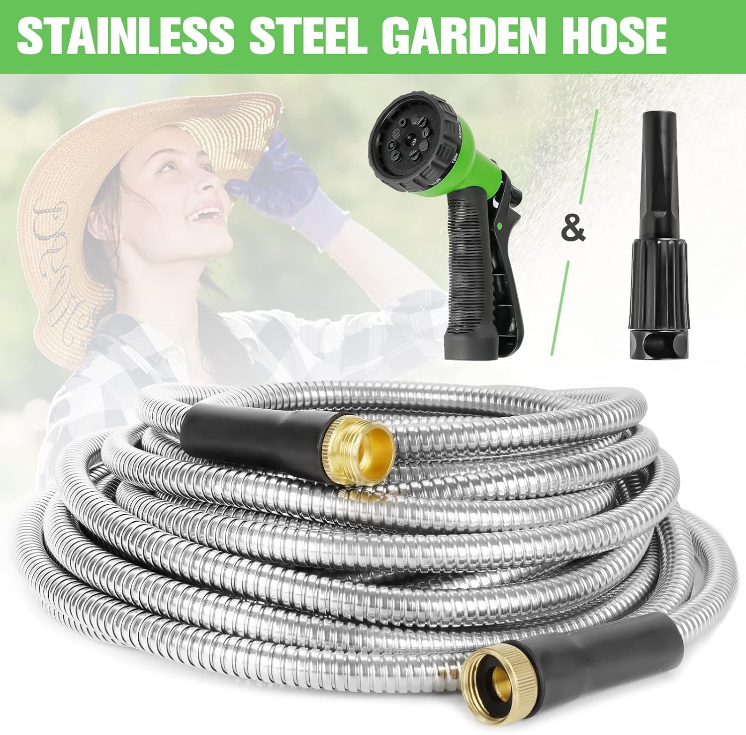 TVKB Garden Hose 100ft Stainless Steel Water Hose Super Tough Flexible Water Pipe with Brass Fittings and Sprayer