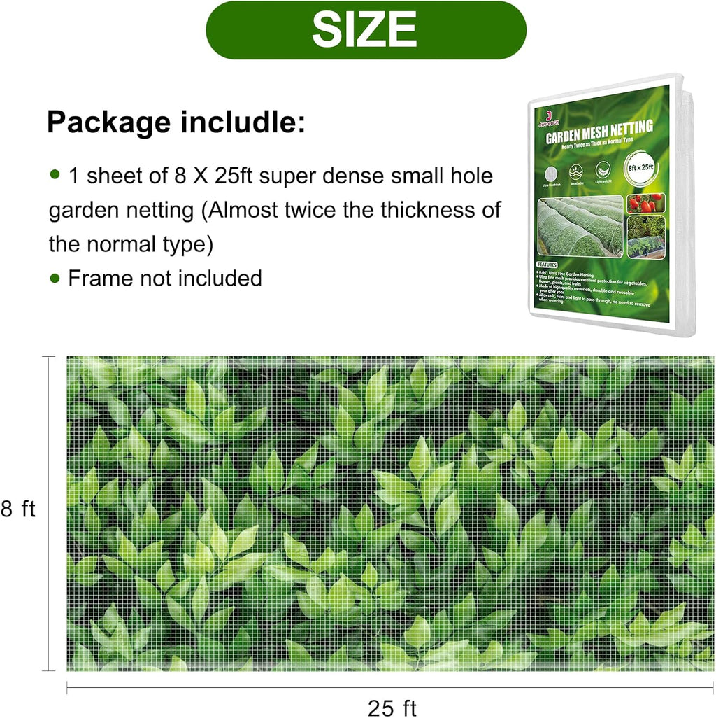 Jevrench 8 x 25 ft Garden Netting Row Cover, Ultra Fine Mesh for Plants | Protective Plant Netting for Gardens, Raised