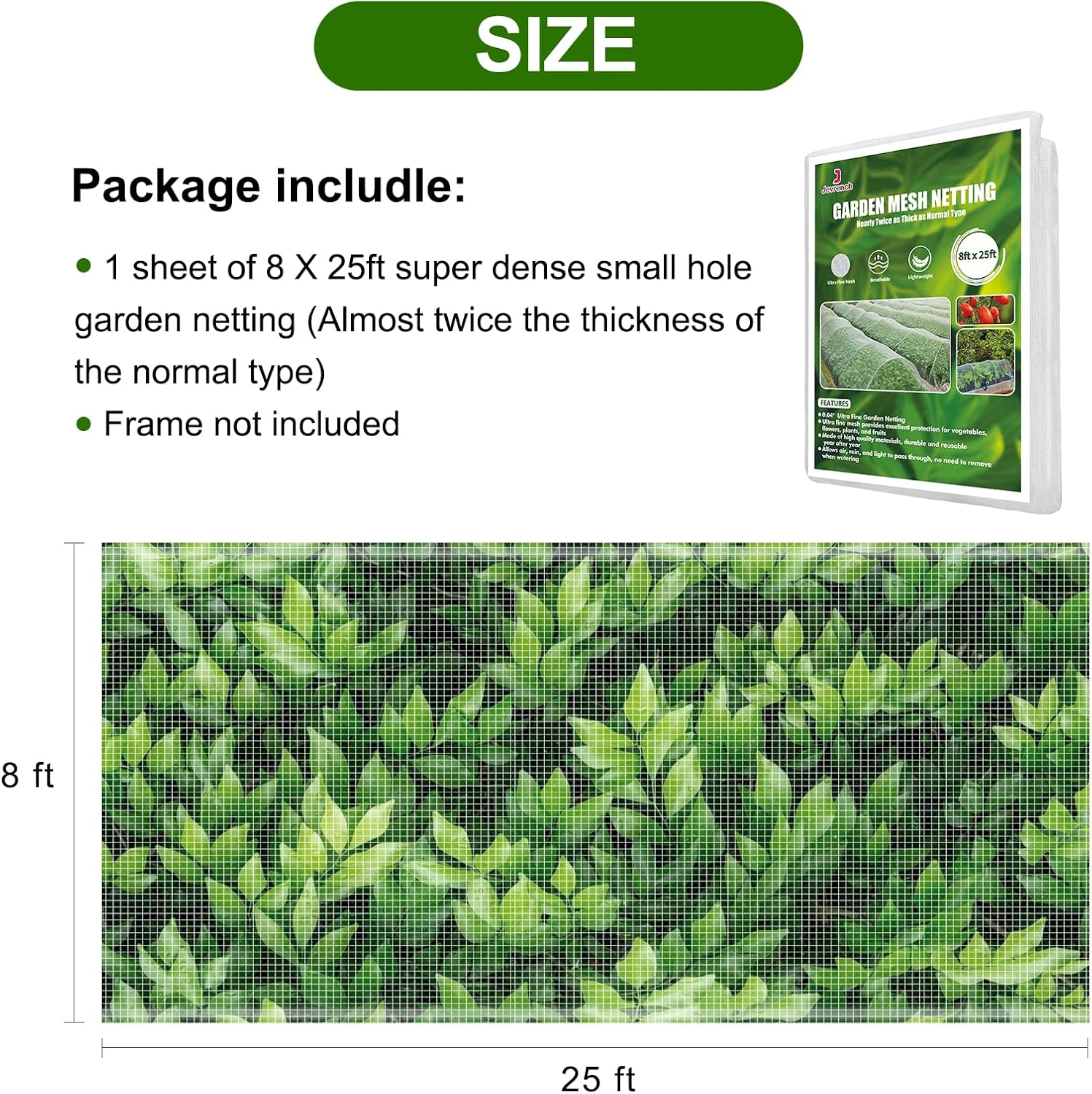 Jevrench 8 x 25 ft Garden Netting Row Cover, Ultra Fine Mesh for Plants | Protective Plant Netting for Gardens, Raised