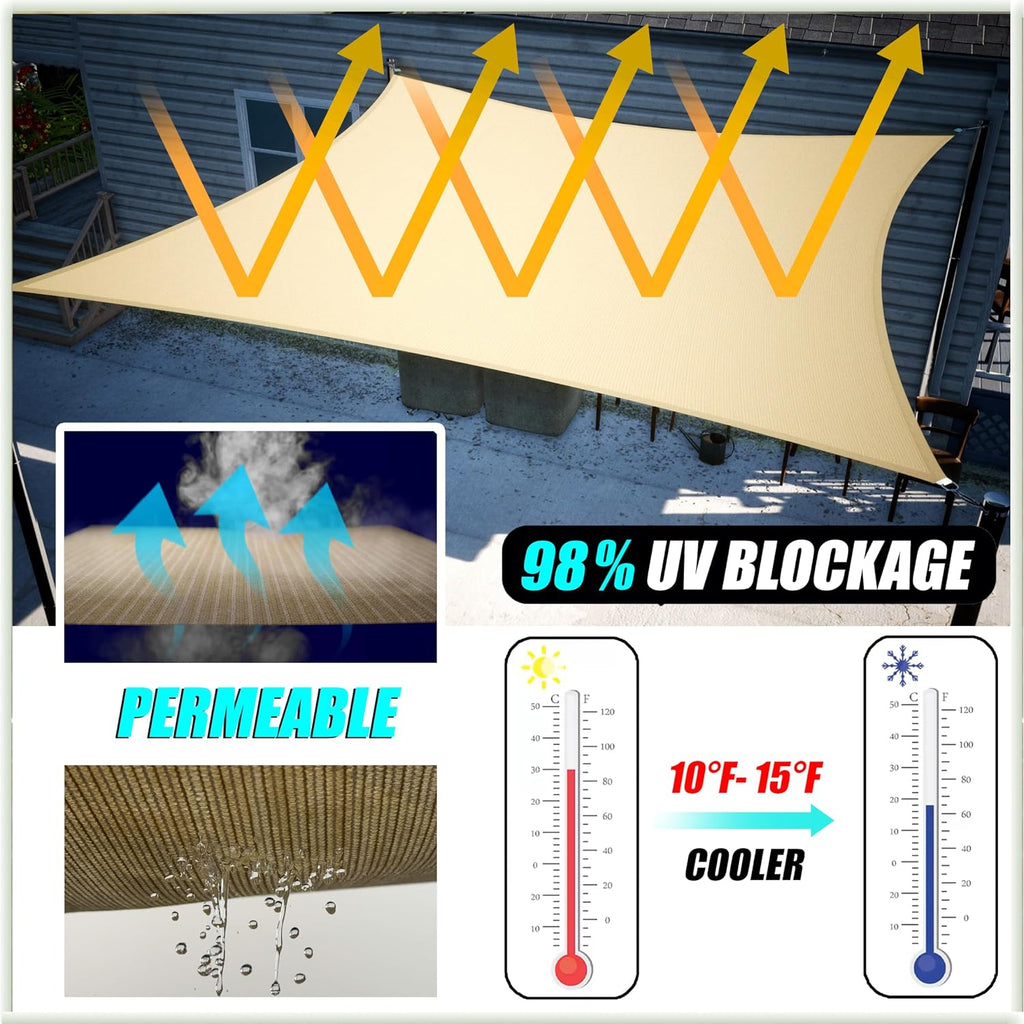 Amgo 8' x 10' Beige Rectangle Square Sun Shade Sail Canopy Awning Fabric Mesh AGSLR, 95% UV Blockage, Water & Air
