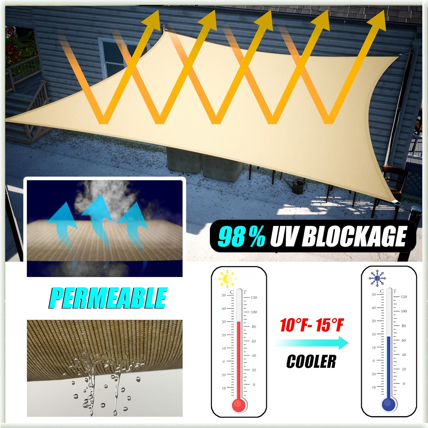 Amgo 8' x 10' Beige Rectangle Square Sun Shade Sail Canopy Awning Fabric Mesh AGSLR, 95% UV Blockage, Water & Air