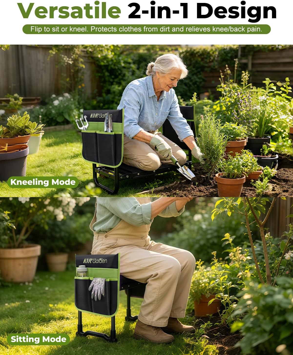 Garden Stool & Kneeler 7-Piece Set with 3 Aluminum Tools, Double-Layer Tote Bag & 2 Side Pouches - Foldable Gardening