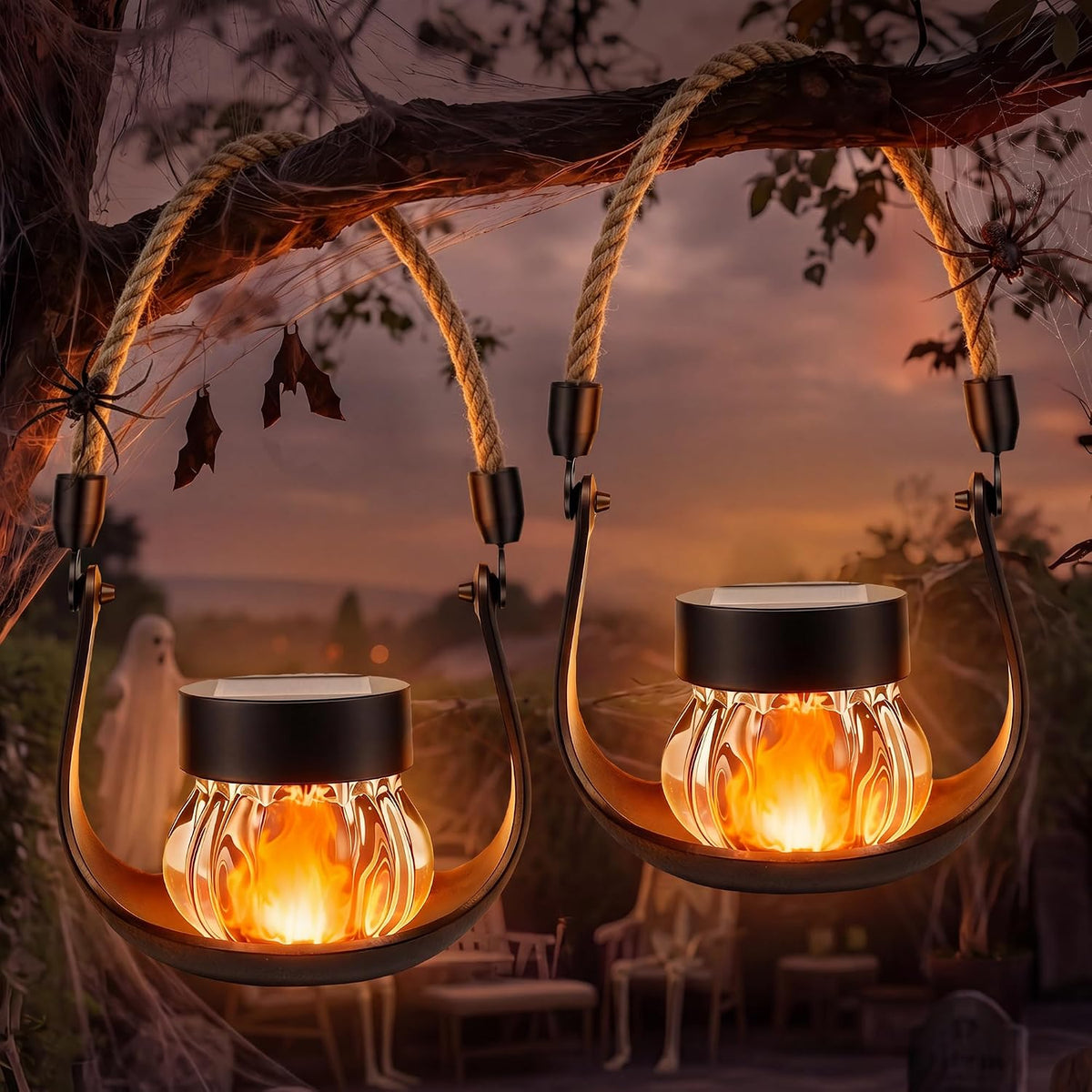 Halloween Solar Pumpkin Lantern with Flickering Flame, 2 Pack Rechargeable