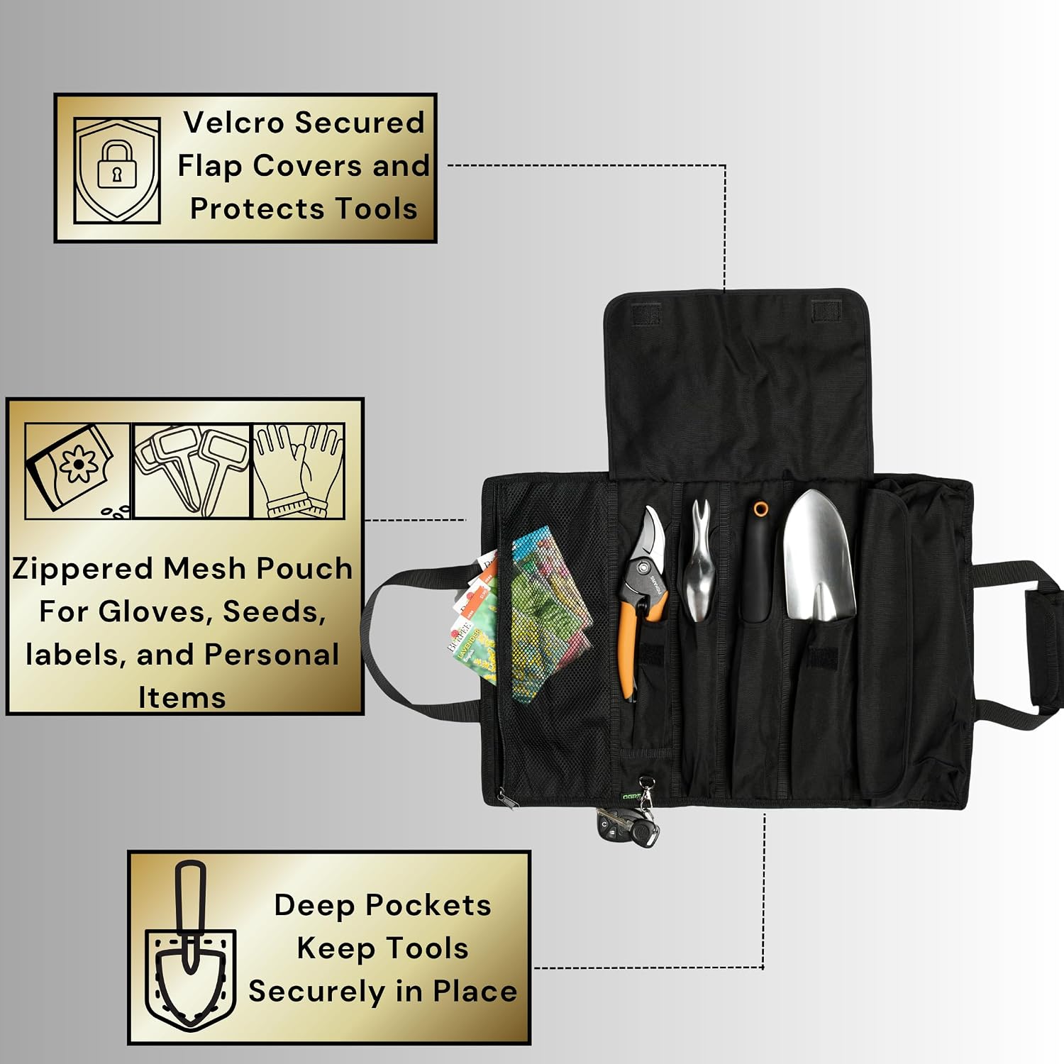 OGRE Roll-Up Garden Tool Bag Only, Heavy-Duty Organizer with 6 Pockets | 900D polyester, water resistant, lays flat