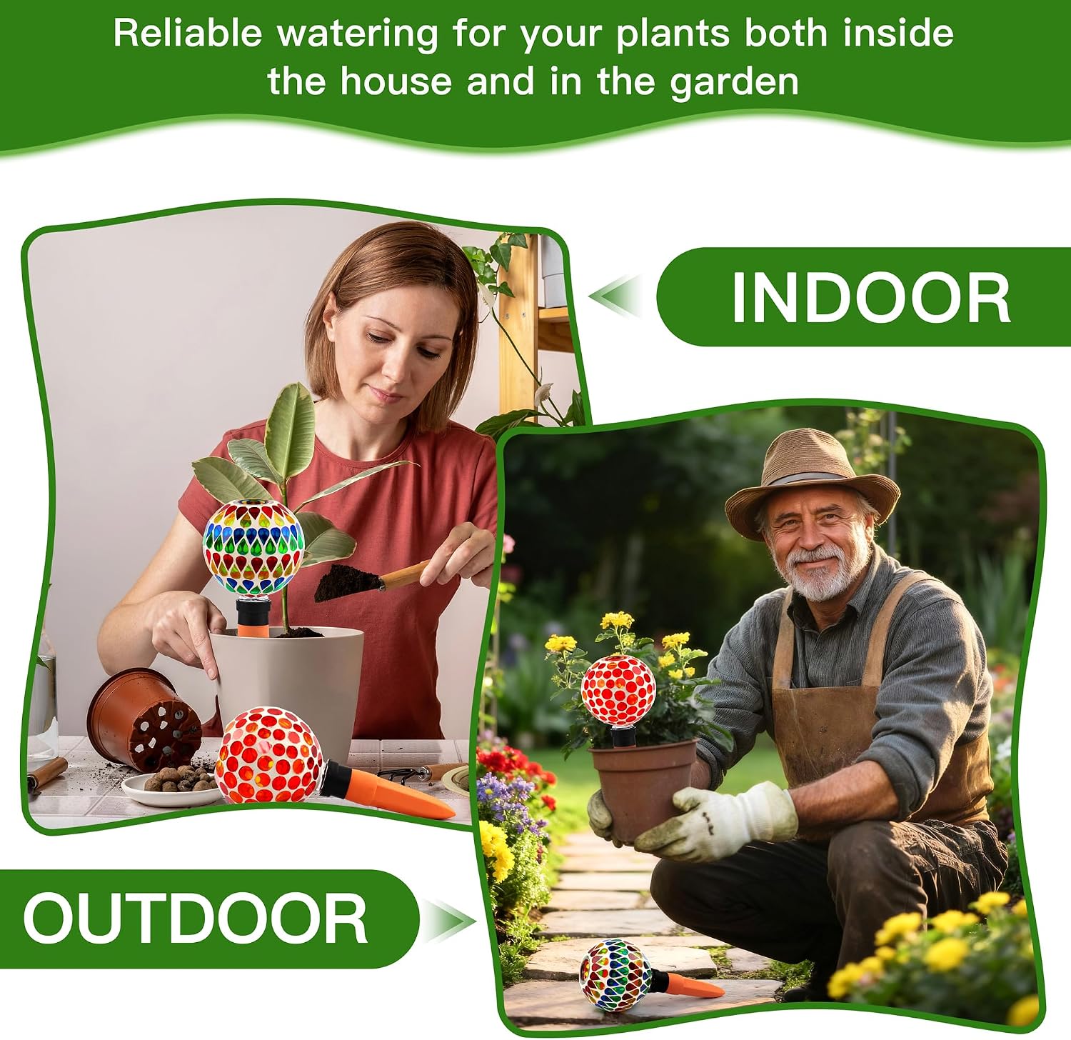 SAVENNA Mosaic Plant Watering Globes with Terracotta Spikes, 17oz Glass Self Watering Globes for Indoor & Outdoor