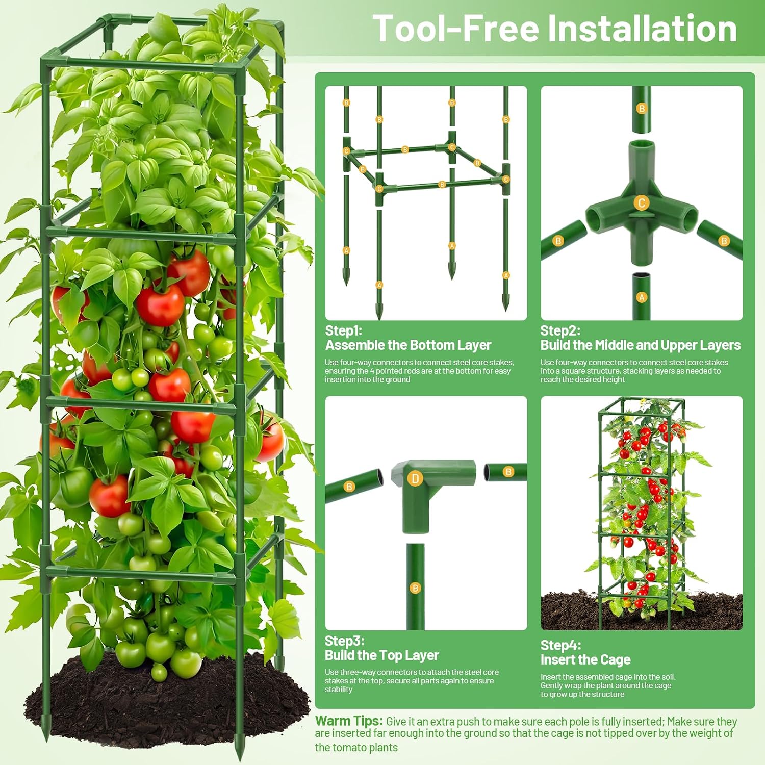 6 Pack 60 Inch Tomato Cages for Garden, Heavy Duty Tomato Trellis | Adjustable & Reusable Square Tomato Plant Support