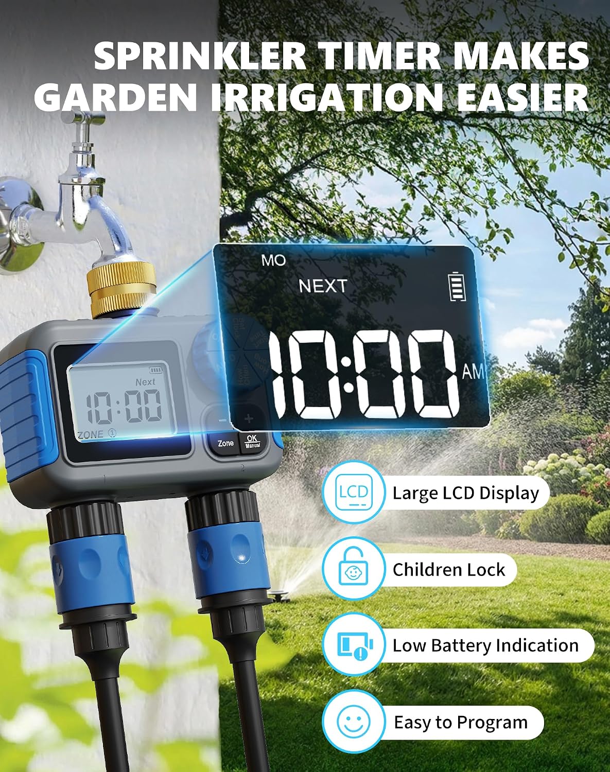 Sprinkler Timer with Brass Swivel, Hose Timers for Watering | Digital Irrigation Timer with Rain Delay & Manual Mode