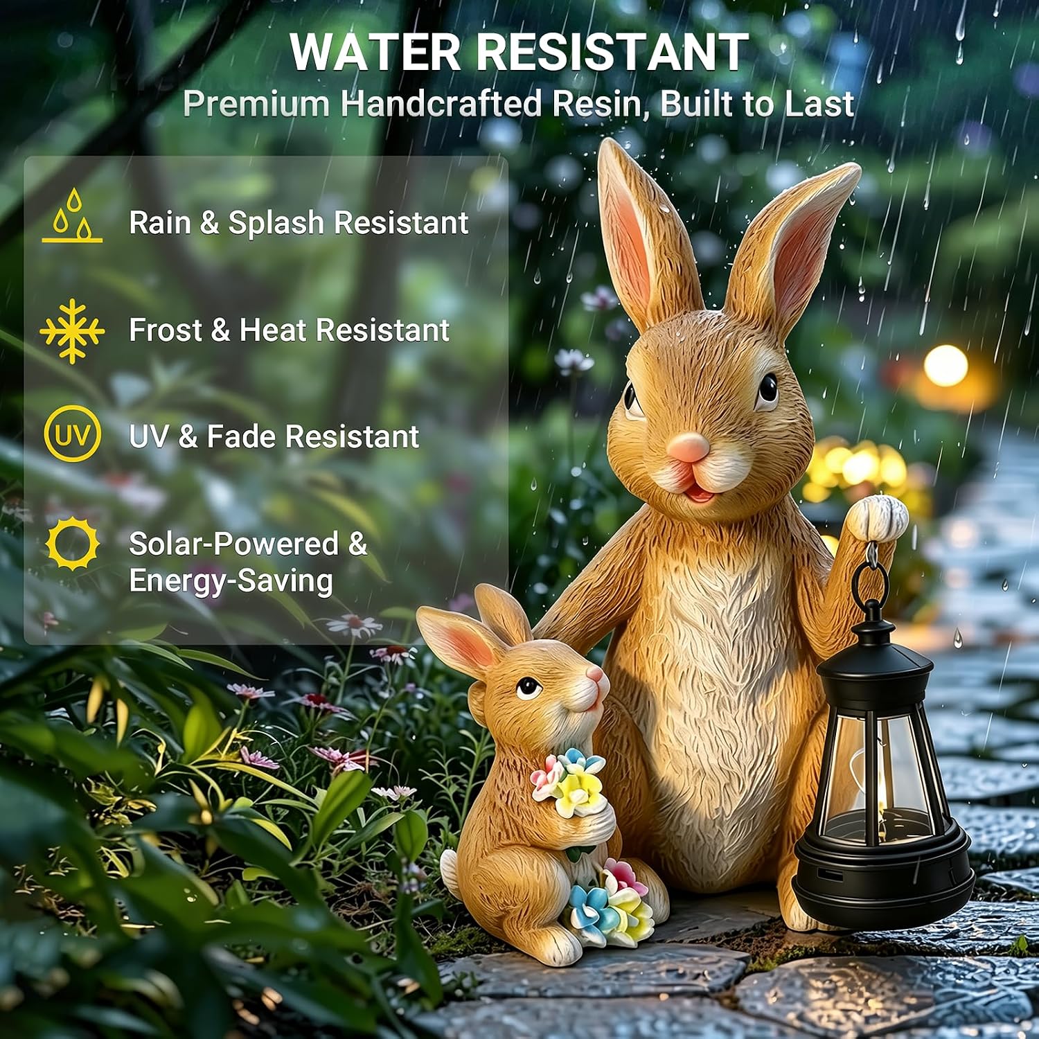 Solar Bunny Garden Statue with LED Lantern, Waterproof Resin Figurine | for Tabletop, Patio, Lawn & Easter Garden, Cute