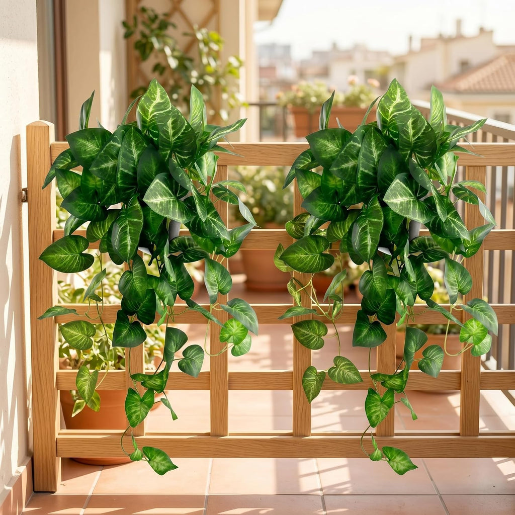 Artificial Pothos Hanging Plant, 25" Set of 2 Faux Ivy Vines with Pots | Fake Silk Realistic Hanging Greenery Plants