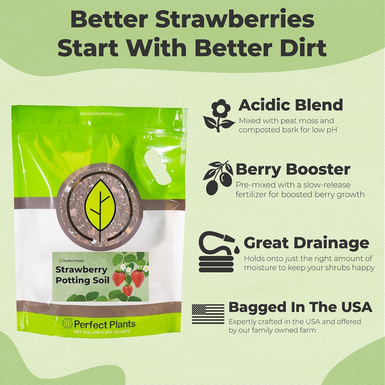Perfect Plants Organic Strawberry Potting Soil, 8 qt, Fruit Plant Mix | Acidic blend of pine bark, granite sand and