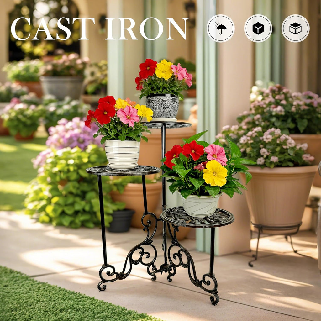 Cast Iron Plant Stand 3 Tier, 24in Tall Foldable Vintage Ornate Flower Pot Holder, Heavy Duty Tiered Plant Shelf Indoor