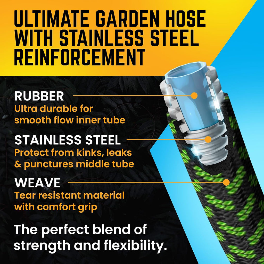 Garden Hose, NON-EXPANDABLE 100ft Premium Quality Stainless Steel Metal Water Hose with Durable Fabric Skin, Hose For