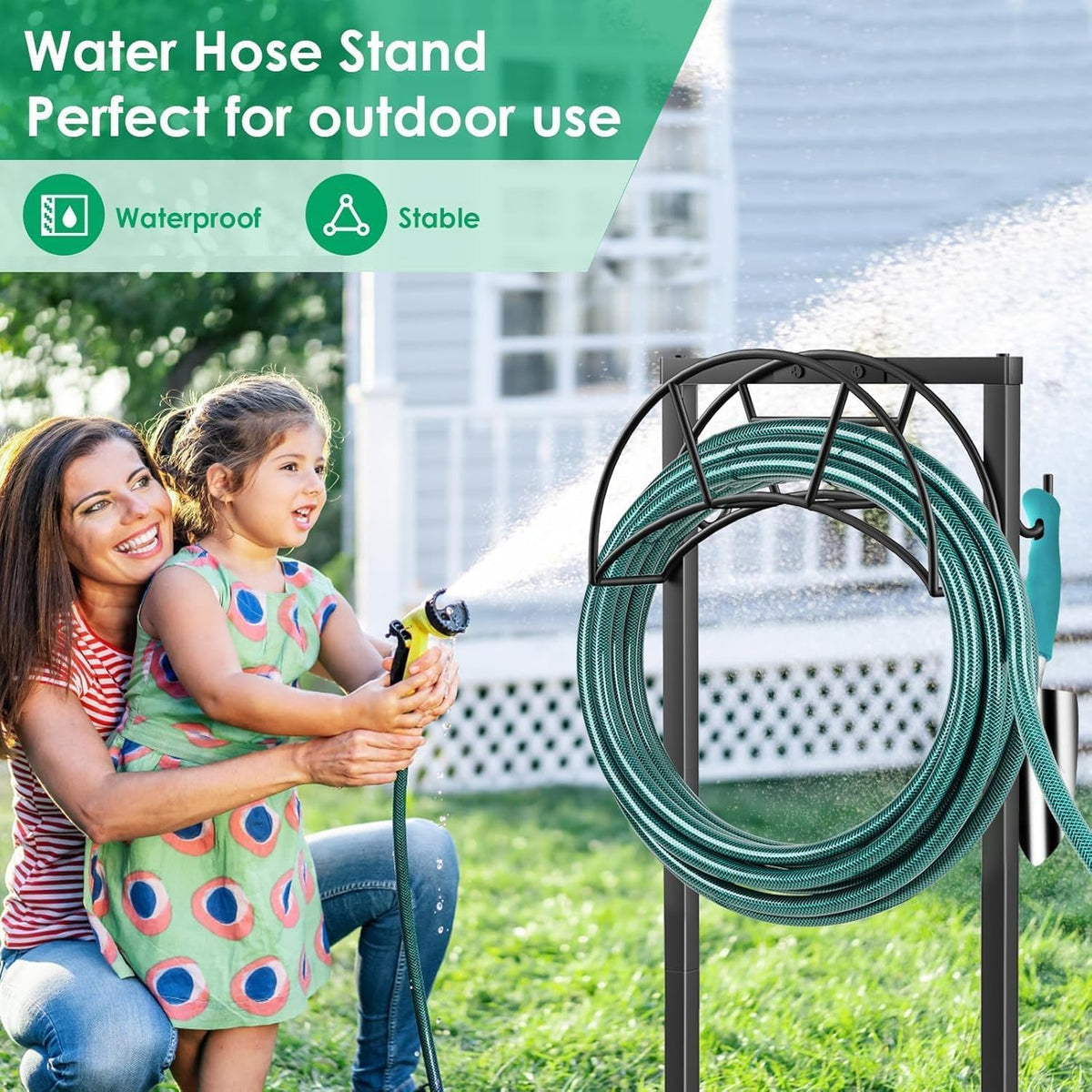 TomCare Garden Hose Holder, 4 Spikes Heavy Duty Hose Stand for 160FT Hose | Thick Metal Frame, 250 lbs Load Capacity