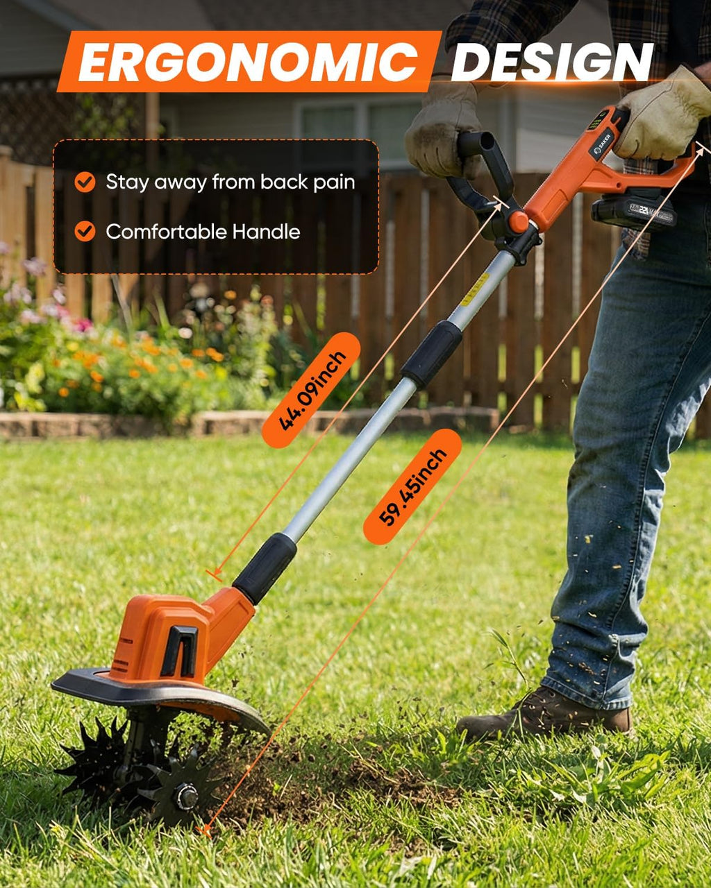 Saker 22V Cordless Garden Tiller for Gardening with Adjustable Speed | 3 Adjustable Speed,360RPM,9-Inch Tilling Width