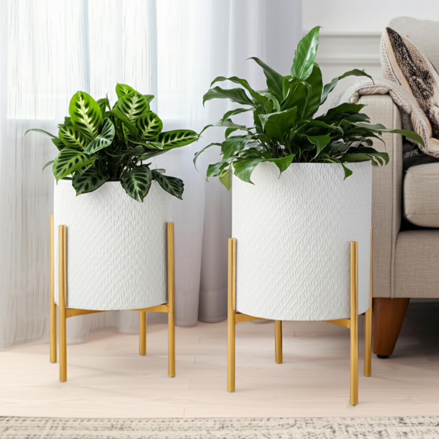 Decorative Flower Pots with Metal Stand for Home Decor - Modern Planters for Hallway, Entryway, and Living Room Decor